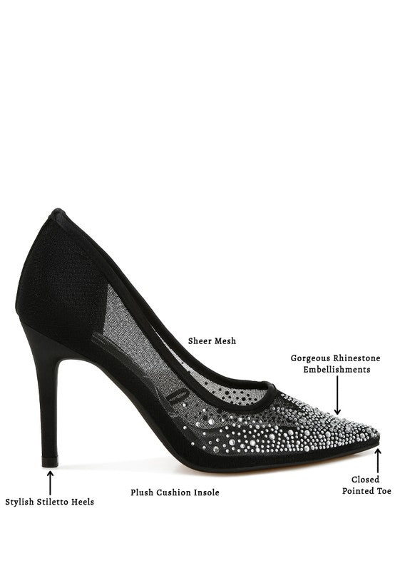 High Ball Mesh Rhinestone Stiletto Pumps featuring a closed pointed toe, 4-inch stiletto heels, and sparkling rhinestone embellishments on a mesh upper.