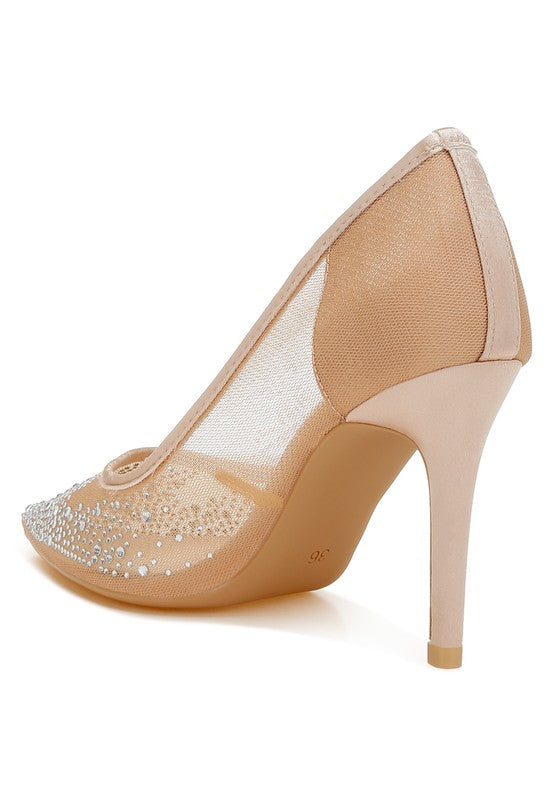 High Ball Mesh Rhinestone Stiletto Pumps featuring a closed pointed toe, 4-inch stiletto heels, and sparkling rhinestone embellishments on a mesh upper.