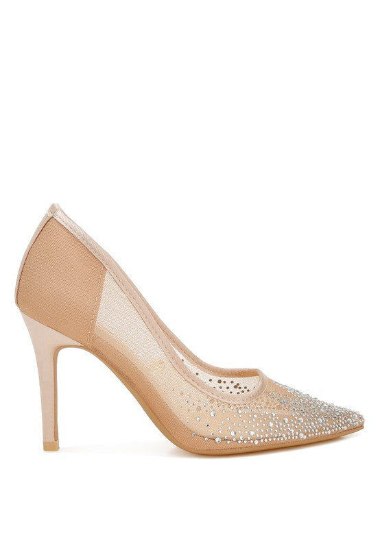 High Ball Mesh Rhinestone Stiletto Pumps featuring a closed pointed toe, 4-inch stiletto heels, and sparkling rhinestone embellishments on a mesh upper.