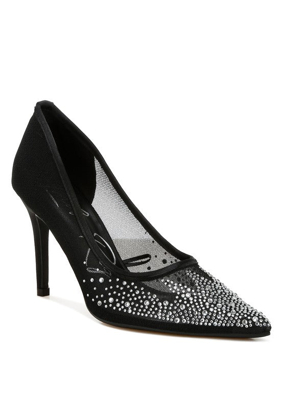 High Ball Mesh Rhinestone Stiletto Pumps featuring a closed pointed toe, 4-inch stiletto heels, and sparkling rhinestone embellishments on a mesh upper.