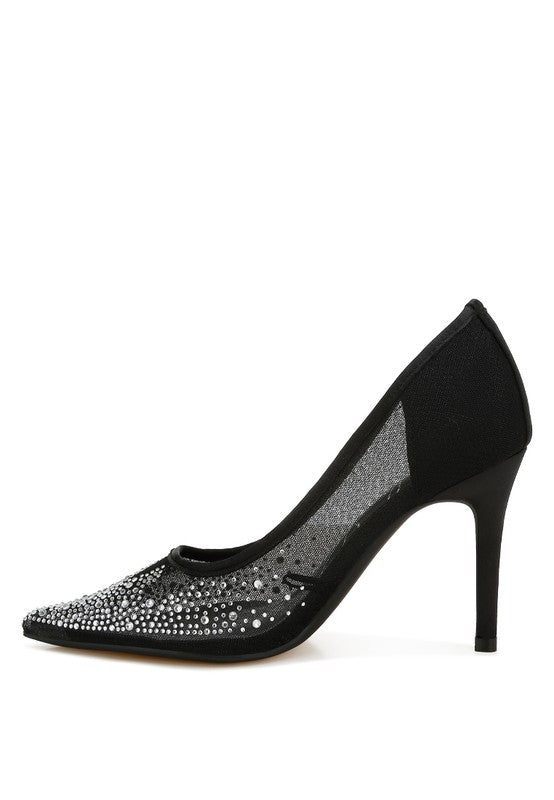 High Ball Mesh Rhinestone Stiletto Pumps featuring a closed pointed toe, 4-inch stiletto heels, and sparkling rhinestone embellishments on a mesh upper.