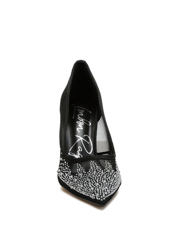 High Ball Mesh Rhinestone Stiletto Pumps featuring a closed pointed toe, 4-inch stiletto heels, and sparkling rhinestone embellishments on a mesh upper.