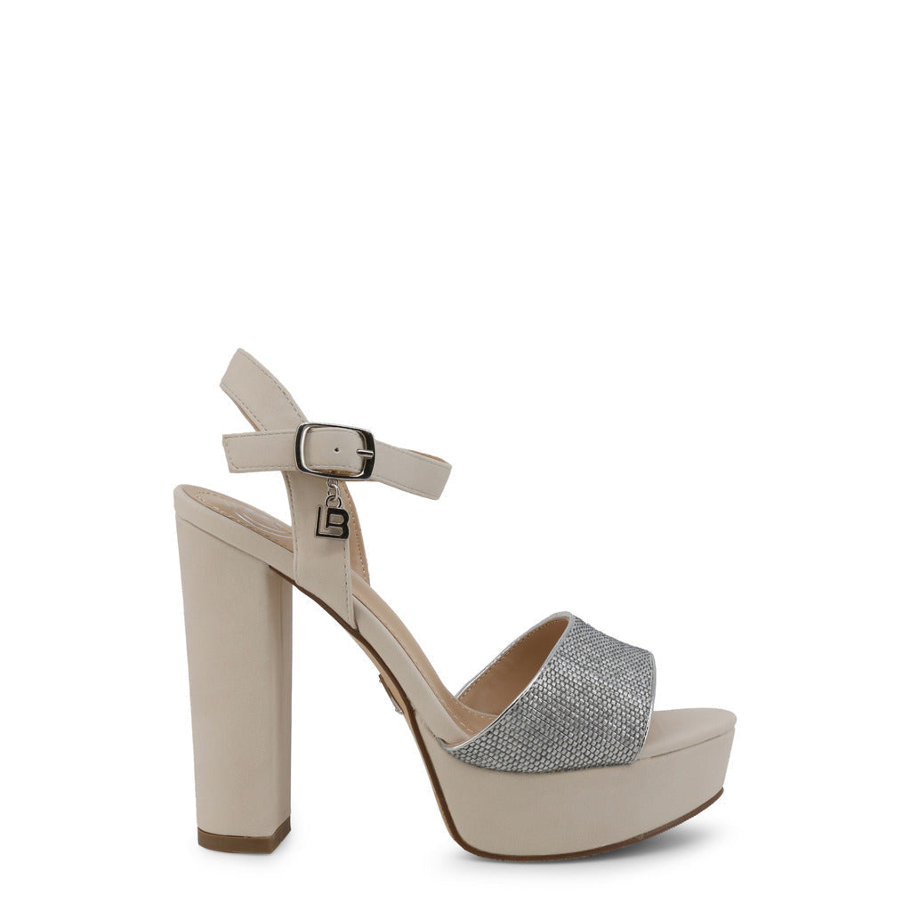 A pair of elegant Laura Biagiotti Platform High Heel Open Toe Sandals featuring a 5-inch heel and ankle strap, crafted from synthetic materials.