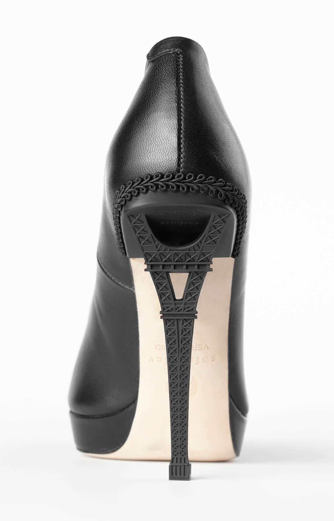 Sophia heels featuring a unique Eiffel Tower design, crafted from soft Italian goatling leather with a genuine leather sole.