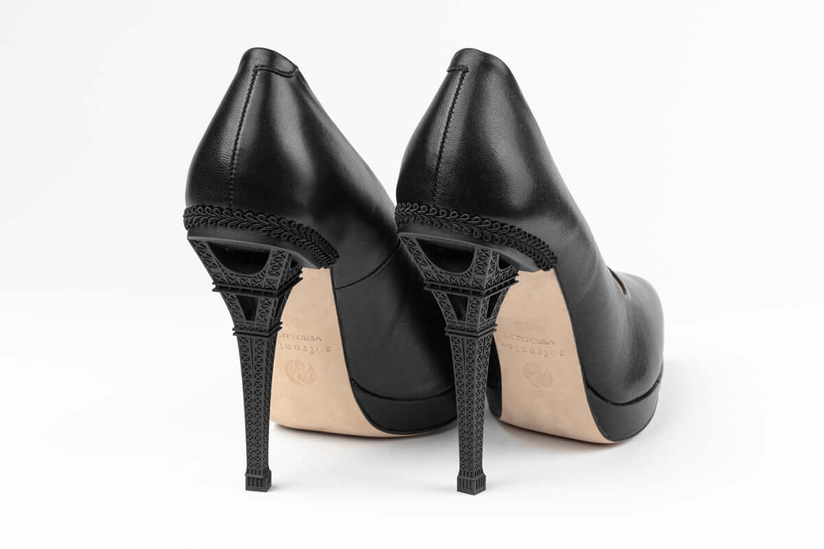 Sophia heels featuring a unique Eiffel Tower design, crafted from soft Italian goatling leather with a genuine leather sole.