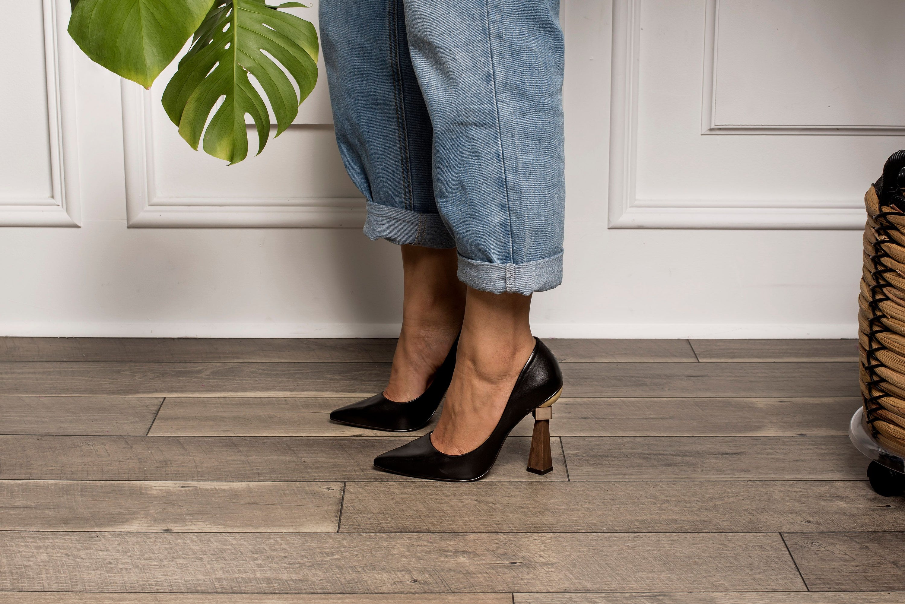 Winnie's Masterpiece pointed toe leather pumps with a geometric sculptural wooden stacked heel, showcasing a sleek design and luxurious Brazilian leather.