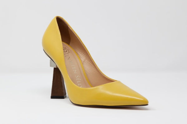 Winnie's Masterpiece pointed toe leather pumps with a geometric sculptural wooden stacked heel, showcasing a sleek design and luxurious Brazilian leather.