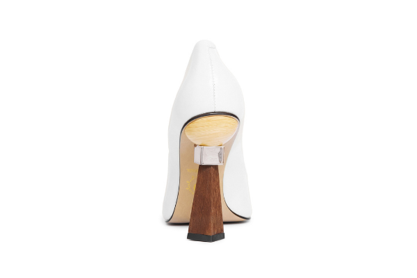 Winnie's Masterpiece pointed toe leather pumps with a geometric sculptural wooden stacked heel, showcasing a sleek design and luxurious Brazilian leather.