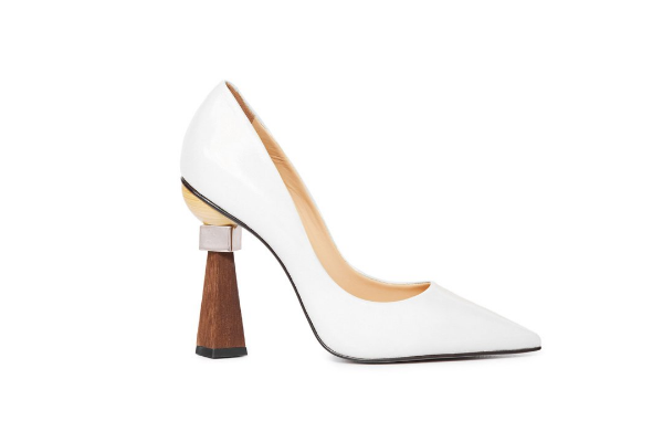 Winnie's Masterpiece pointed toe leather pumps with a geometric sculptural wooden stacked heel, showcasing a sleek design and luxurious Brazilian leather.