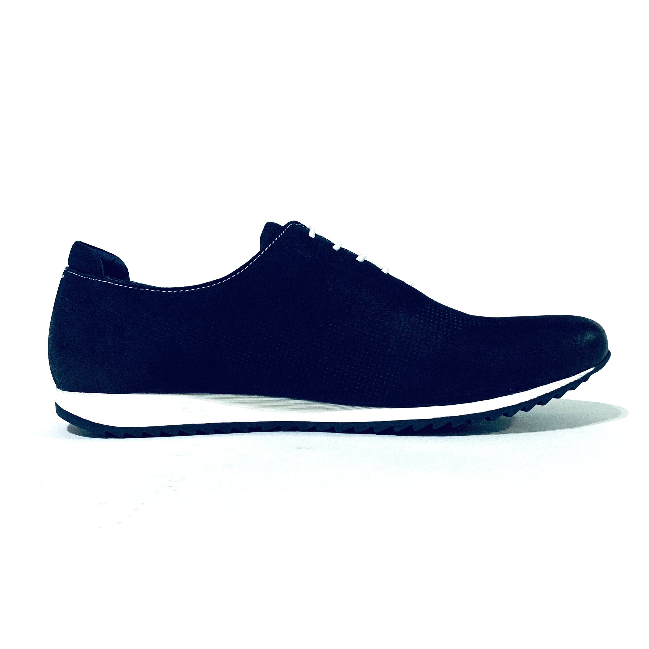 Black casual sneaker with white sole.