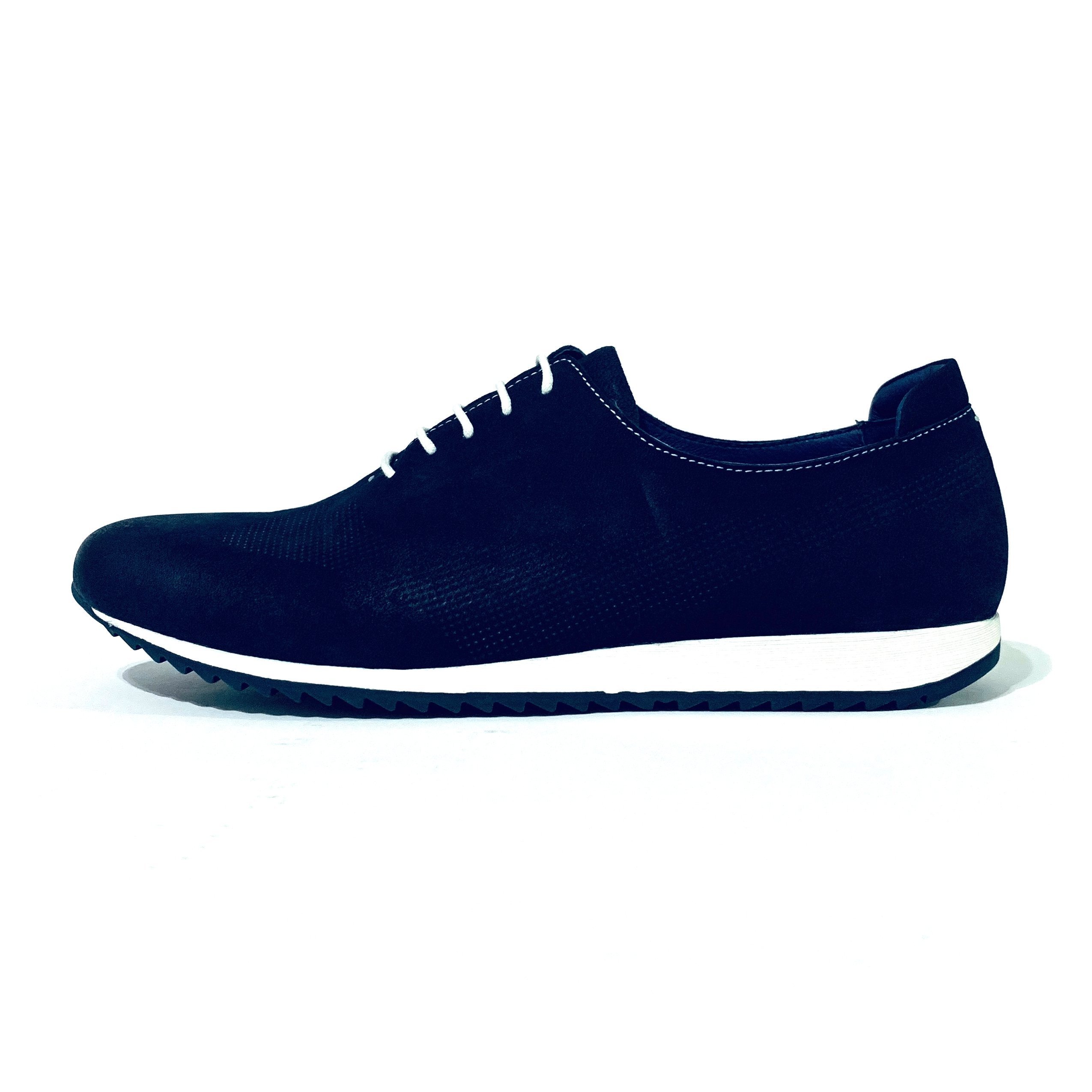 Black casual sneaker with white sole.