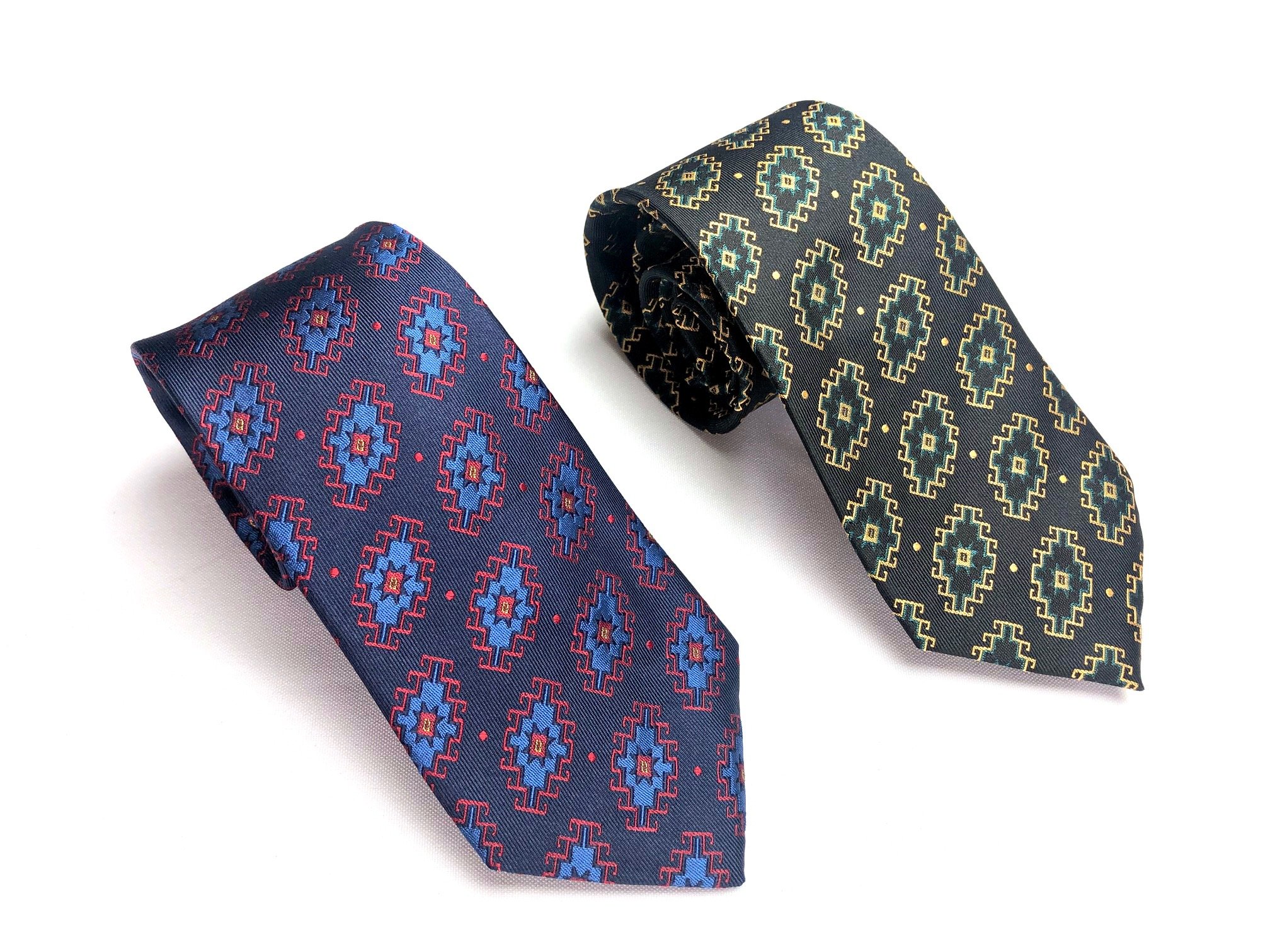 Armenian Rug Silk Neck Tie featuring intricate handmade designs in Navy/Red/Blue and Black/Gold/Green colors, showcasing luxurious silk texture.