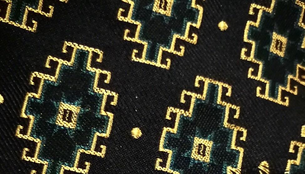 Armenian Rug Silk Neck Tie featuring intricate handmade designs in Navy/Red/Blue and Black/Gold/Green colors, showcasing luxurious silk texture.