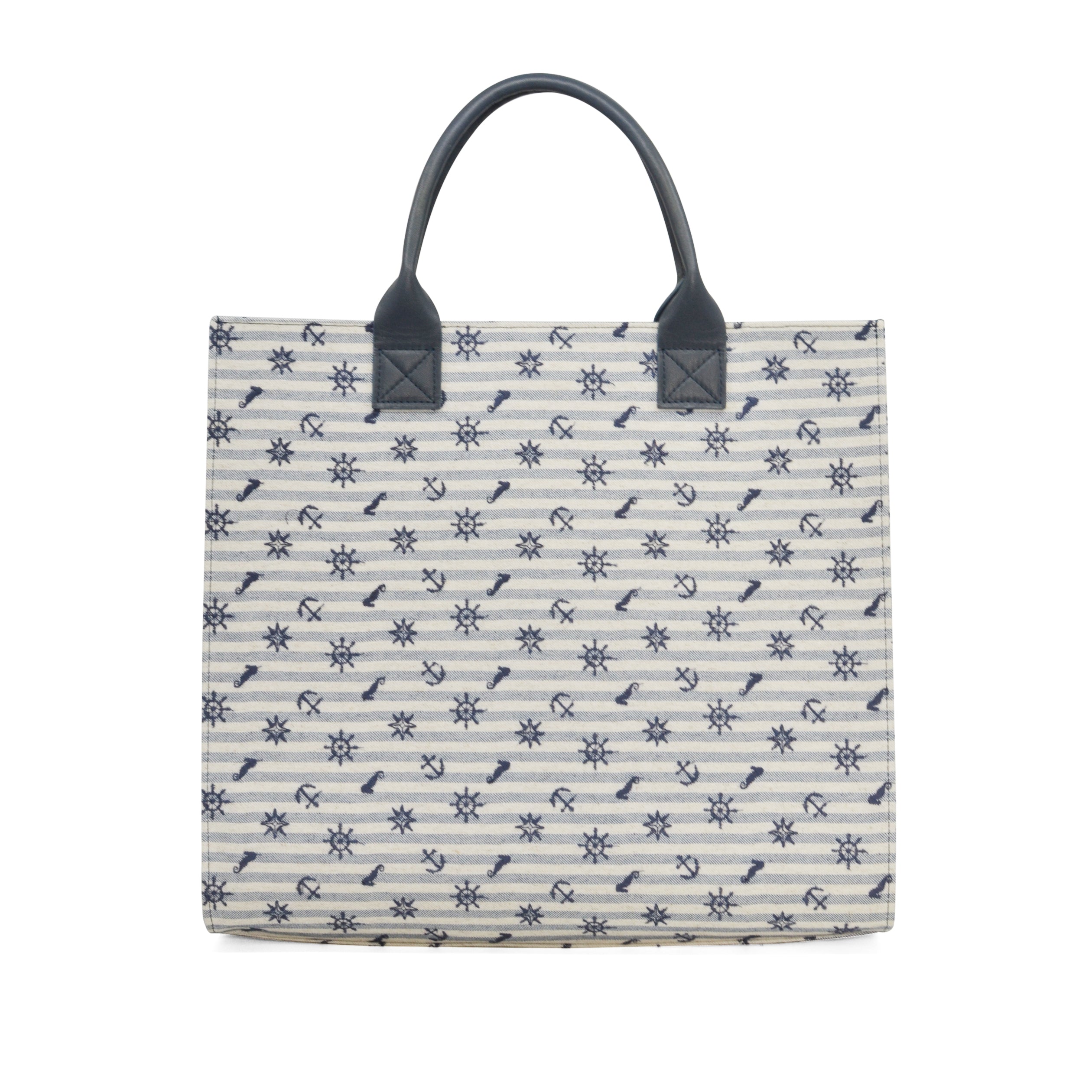 Atol Tote Bag in navy and white linen, featuring embroidered details and premium leather accents, perfect for eco-conscious fashion lovers.