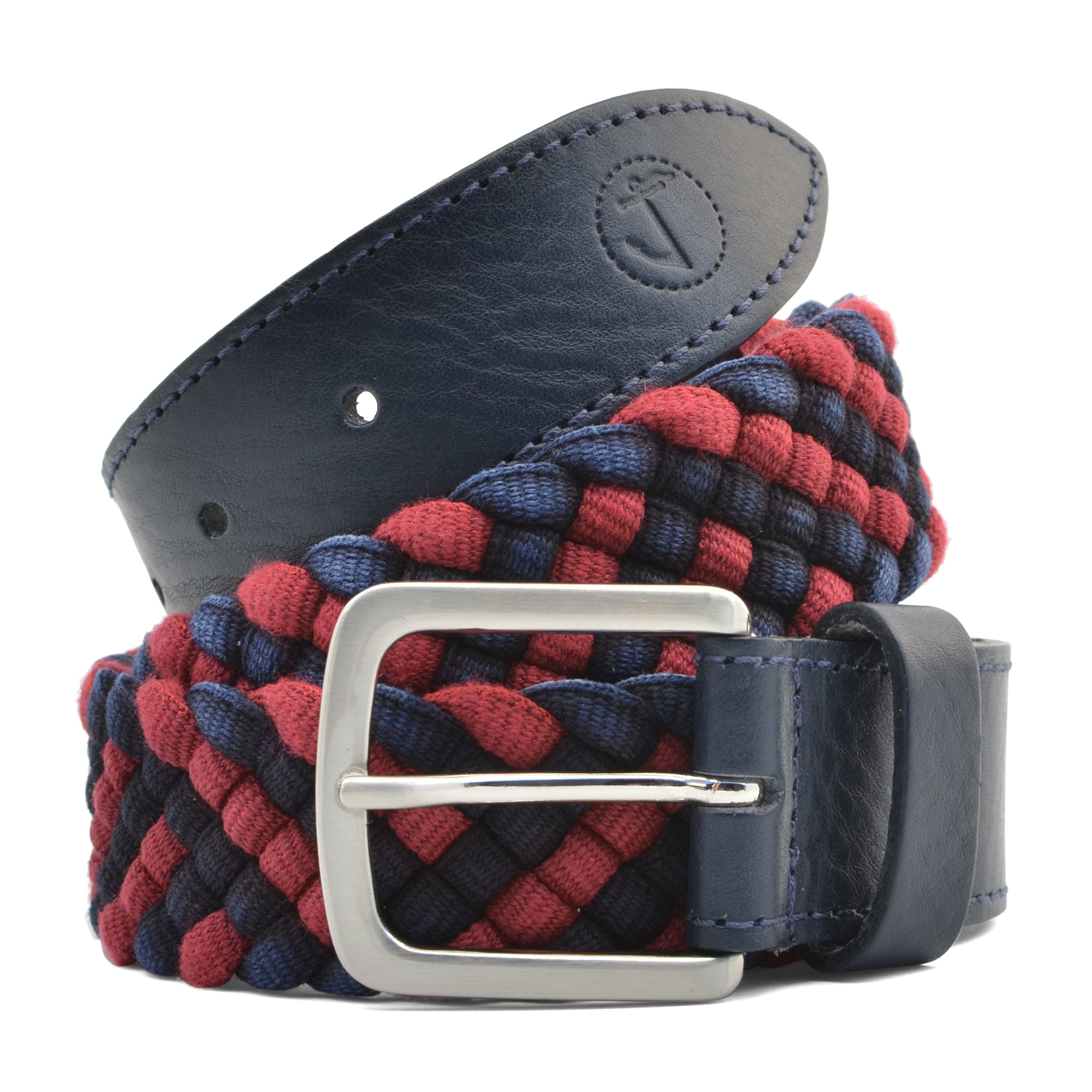 Seajure Red Sea braided fabric and vegetable tanned leather belt featuring a silver rounded buckle, showcasing its elegant design and high-quality materials.