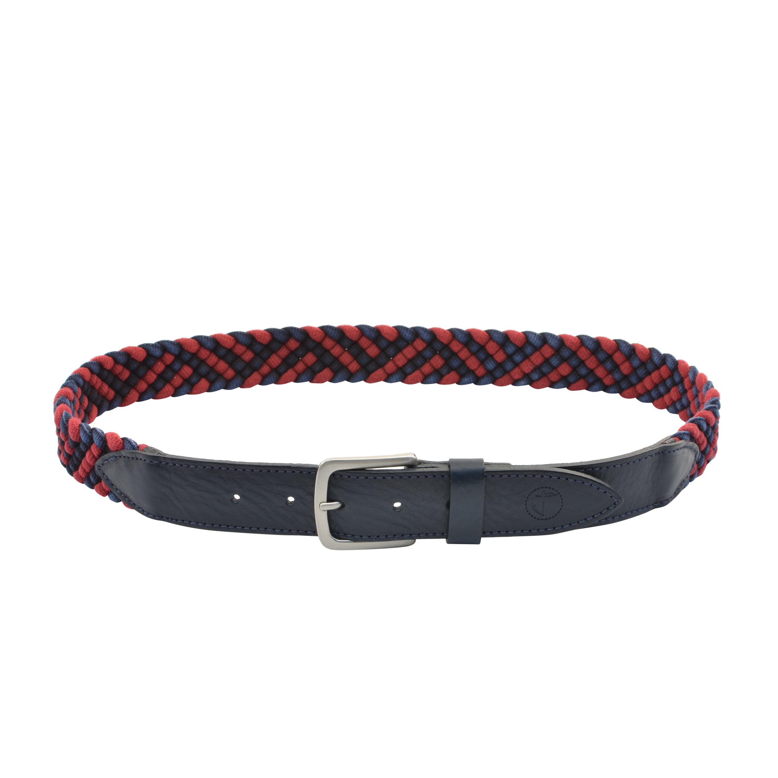 Seajure Red Sea braided fabric and vegetable tanned leather belt featuring a silver rounded buckle, showcasing its elegant design and high-quality materials.