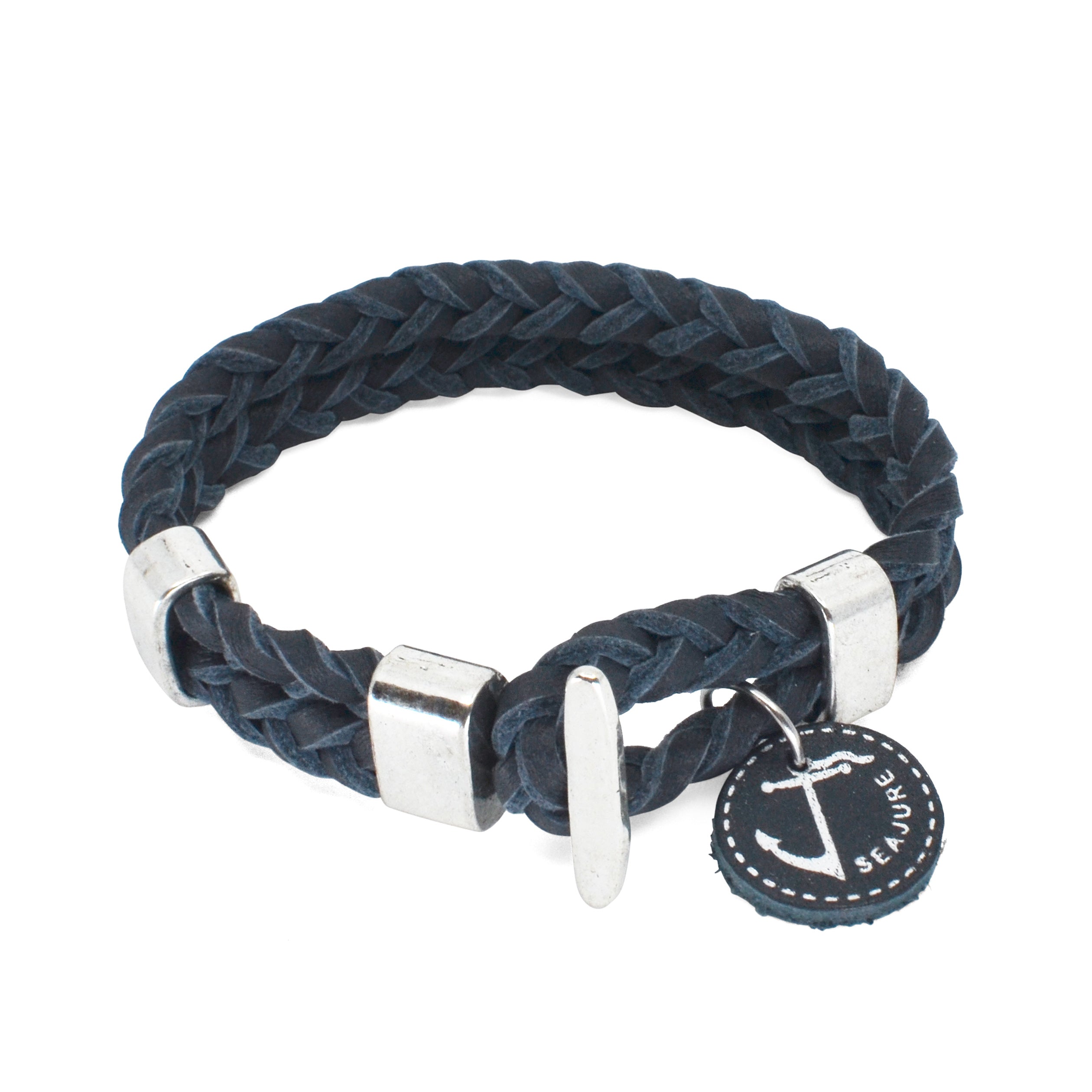 Braided Leather Aruba Bracelet made from genuine vegetable tanned leather with a stainless steel clasp, showcasing a nautical style.