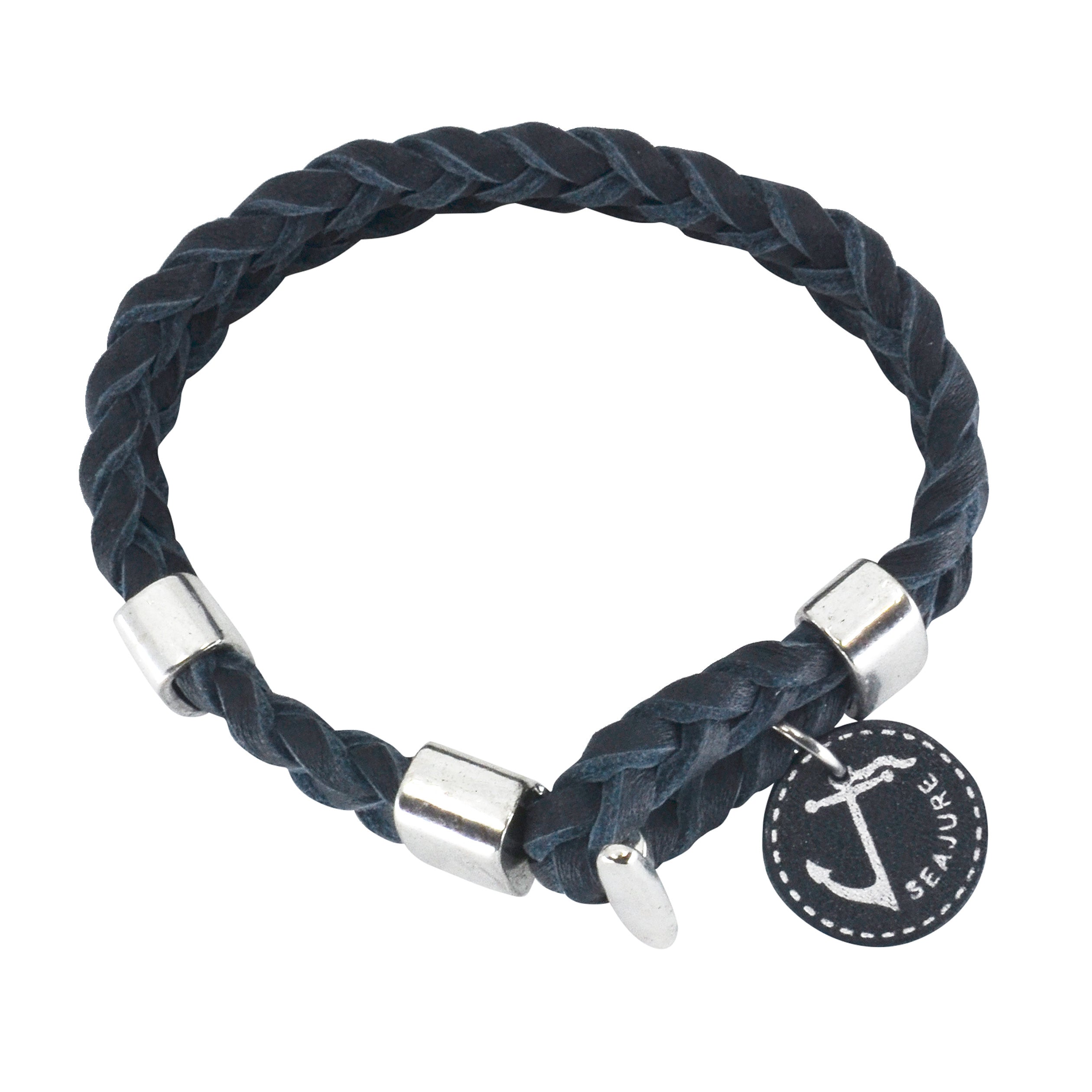 Braided Leather Aruba Bracelet made from genuine vegetable tanned leather with a stainless steel clasp, showcasing a nautical style.