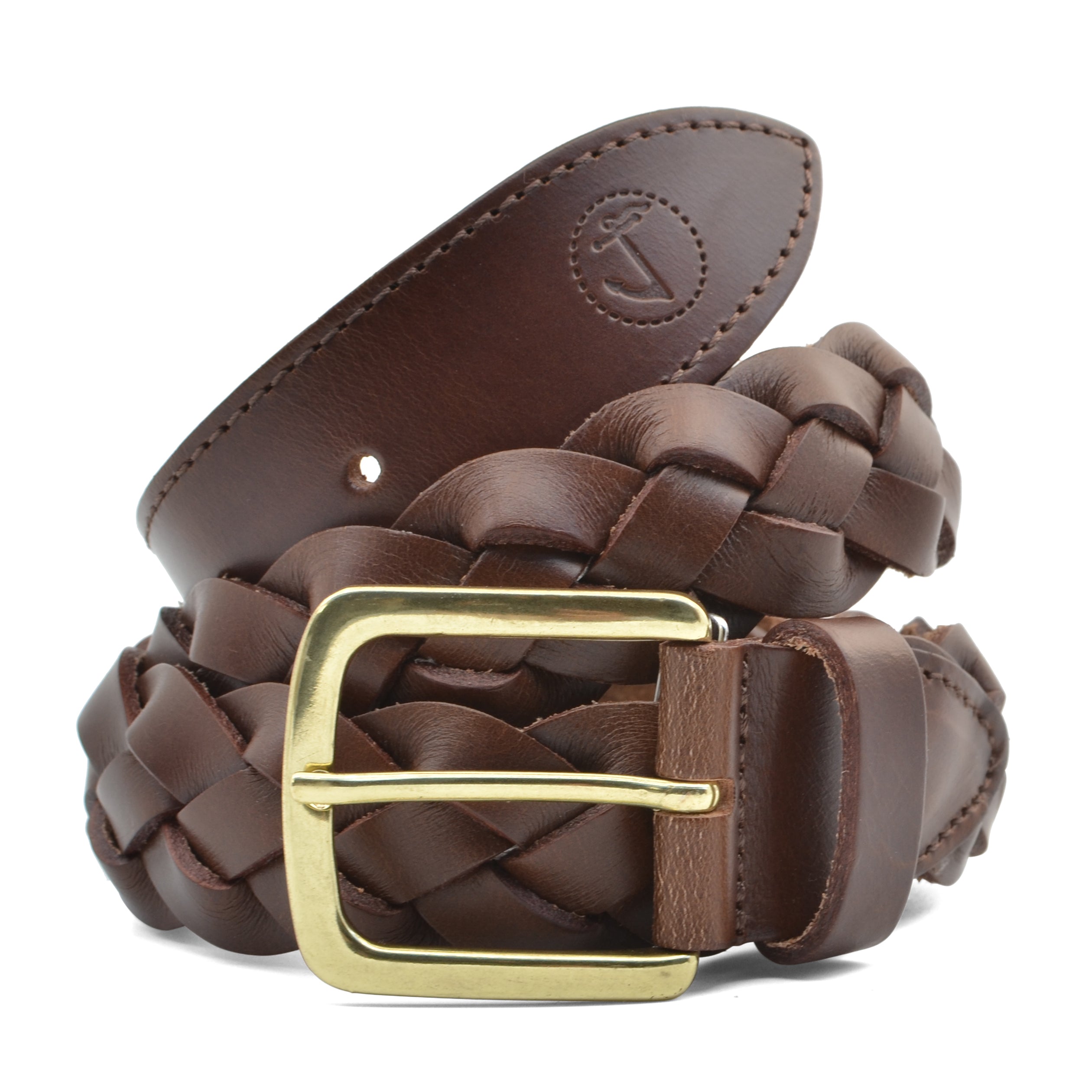 A stylish braided leather belt in rich brown color with a golden rounded buckle, showcasing its high-quality vegetable tanned leather and reinforced tip.