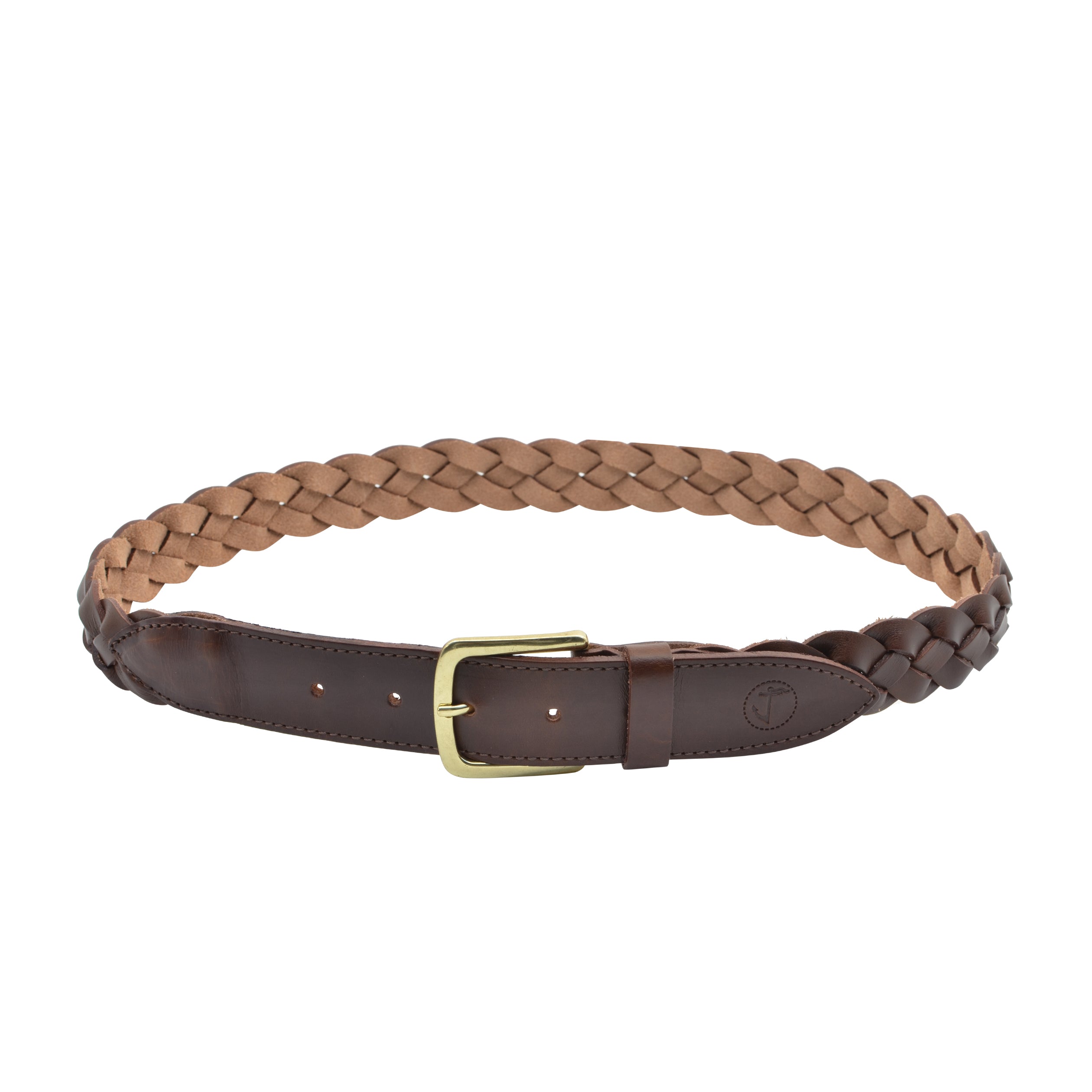 A stylish braided leather belt in rich brown color with a golden rounded buckle, showcasing its high-quality vegetable tanned leather and reinforced tip.