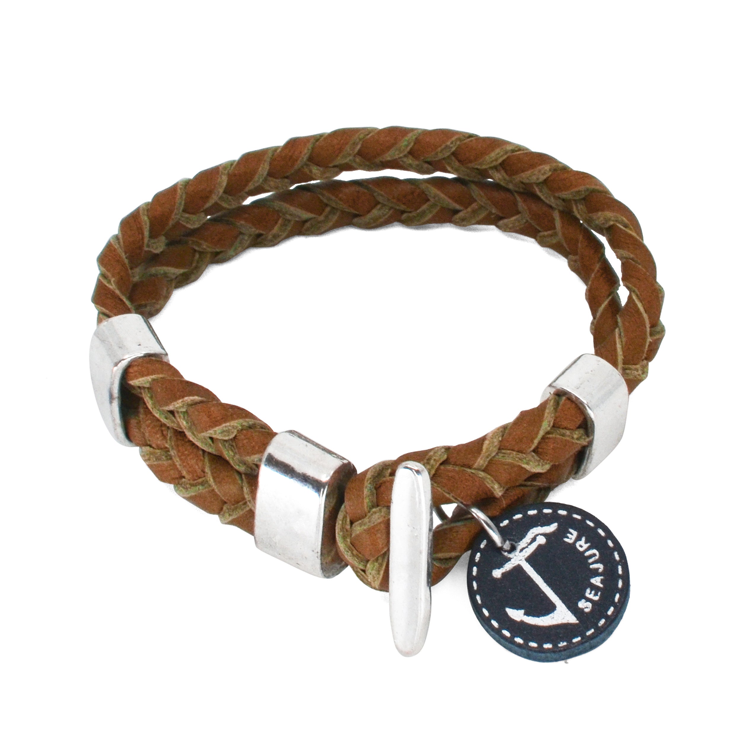 Braided Leather Corfu Bracelet made from genuine vegetable tanned leather with a stainless-steel clasp, showcasing a nautical style.