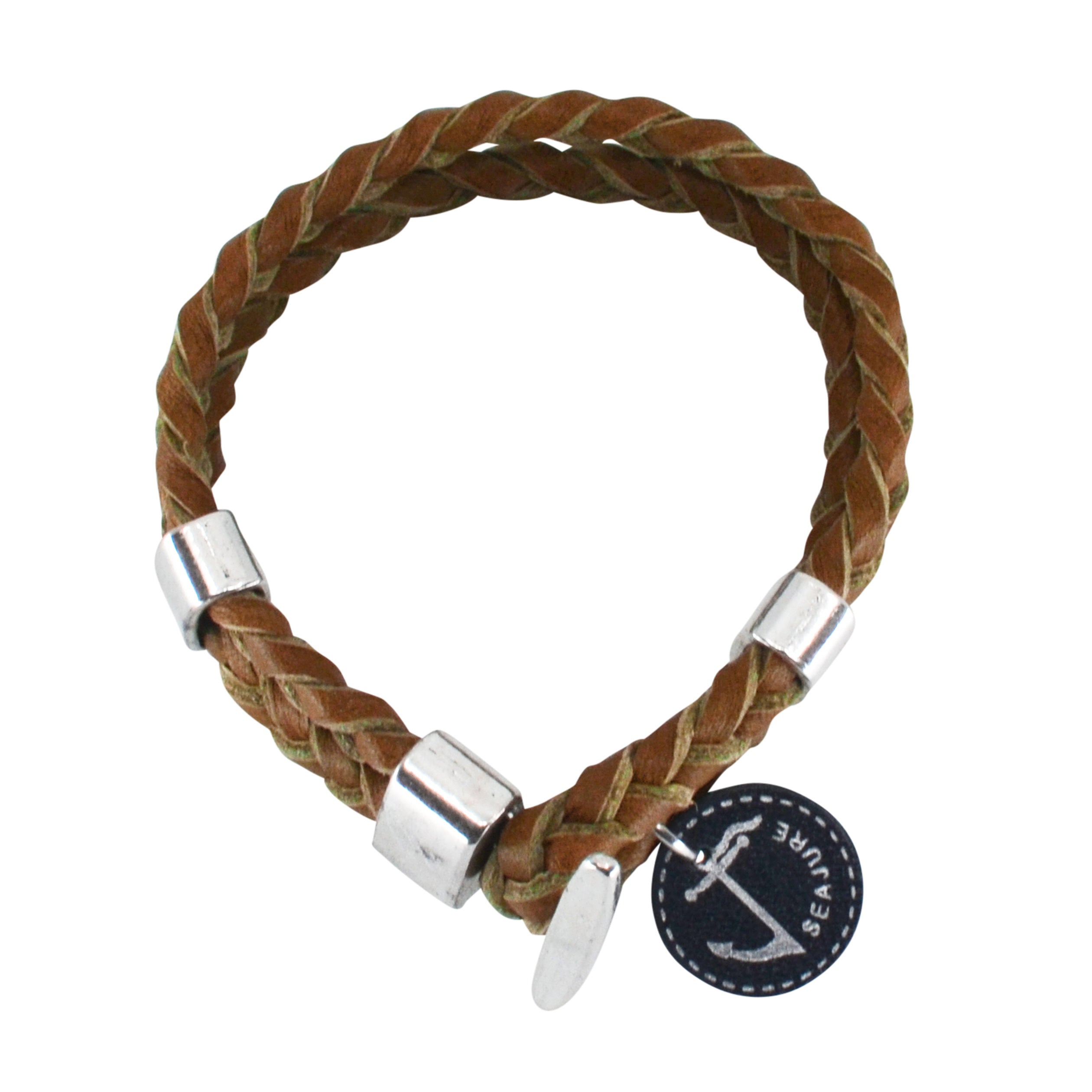 Braided Leather Corfu Bracelet made from genuine vegetable tanned leather with a stainless-steel clasp, showcasing a nautical style.