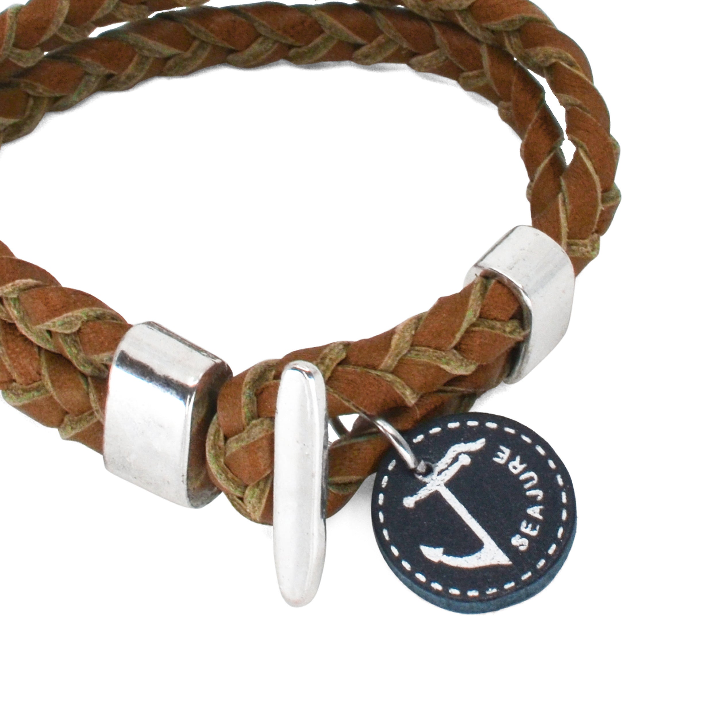 Braided Leather Corfu Bracelet made from genuine vegetable tanned leather with a stainless-steel clasp, showcasing a nautical style.