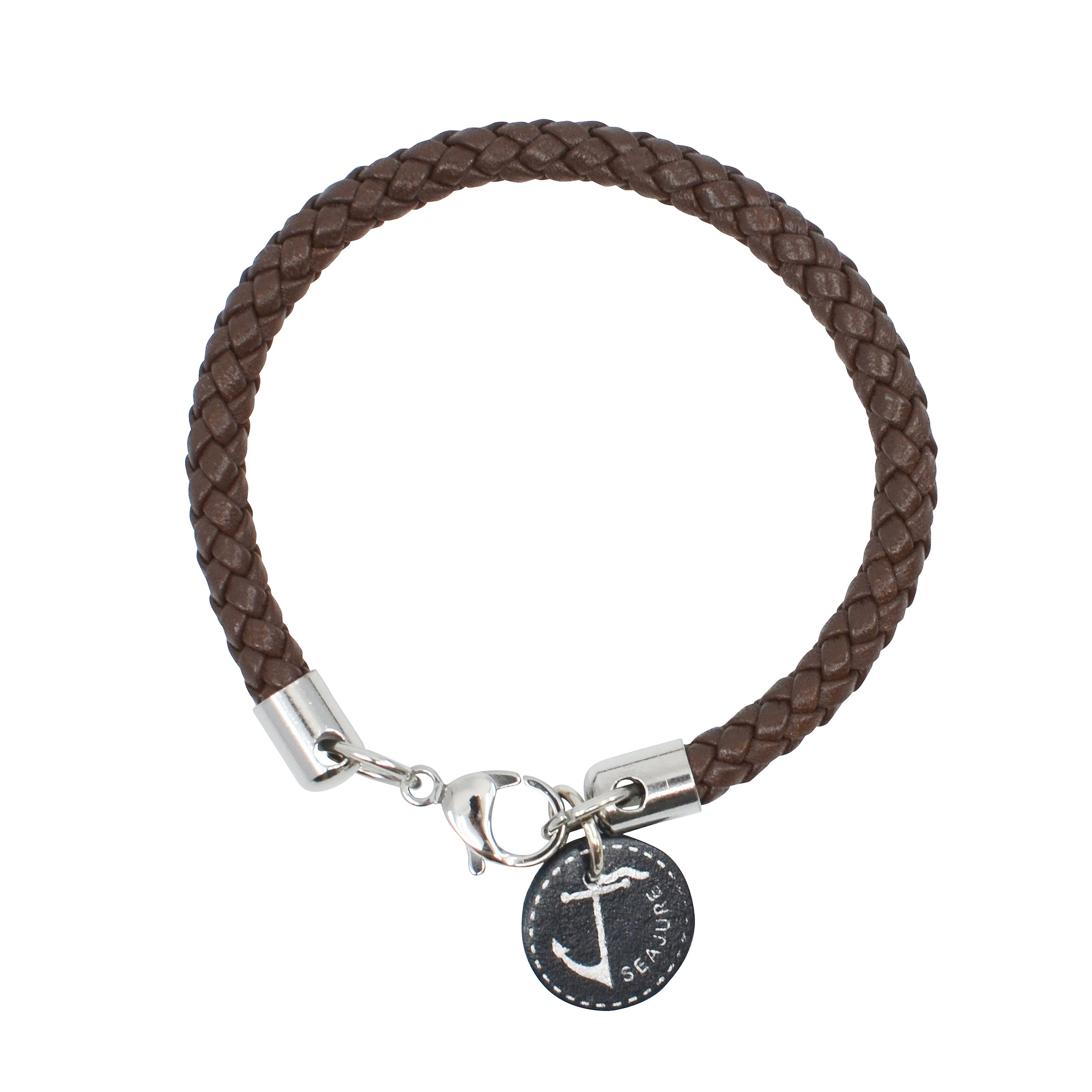 Braided Leather Corsica Bracelet made from vegetable-tanned leather with stainless-steel hardware, showcasing a nautical style.