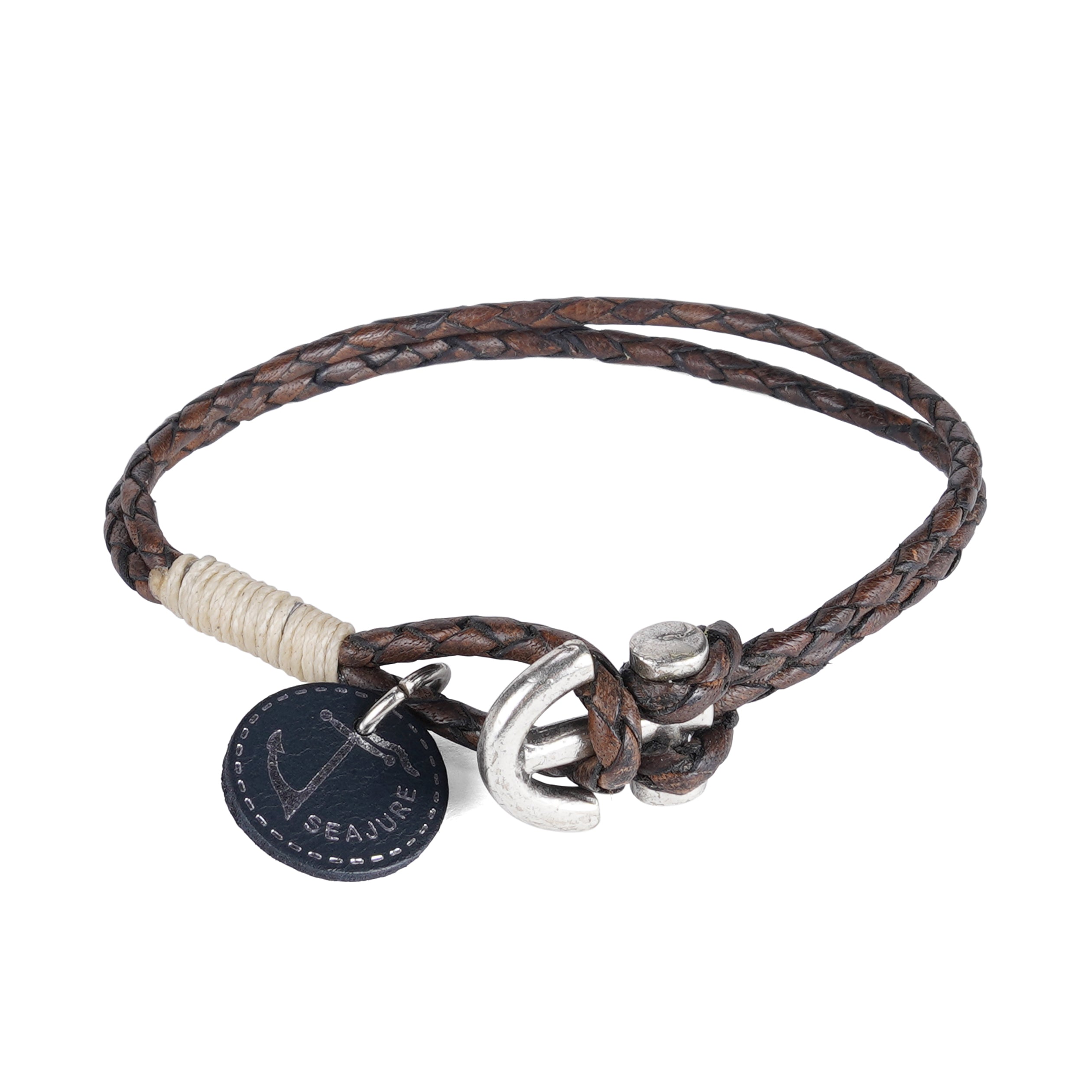 Braided Leather Pitcairn Bracelet featuring genuine vegetable tanned leather and stainless steel clasp, showcasing nautical style.