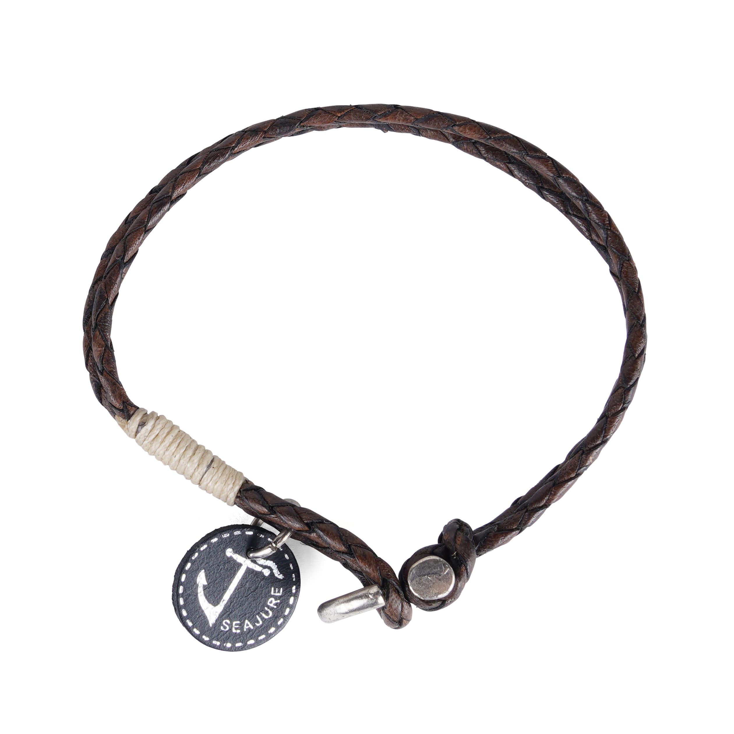 Braided Leather Pitcairn Bracelet featuring genuine vegetable tanned leather and stainless steel clasp, showcasing nautical style.