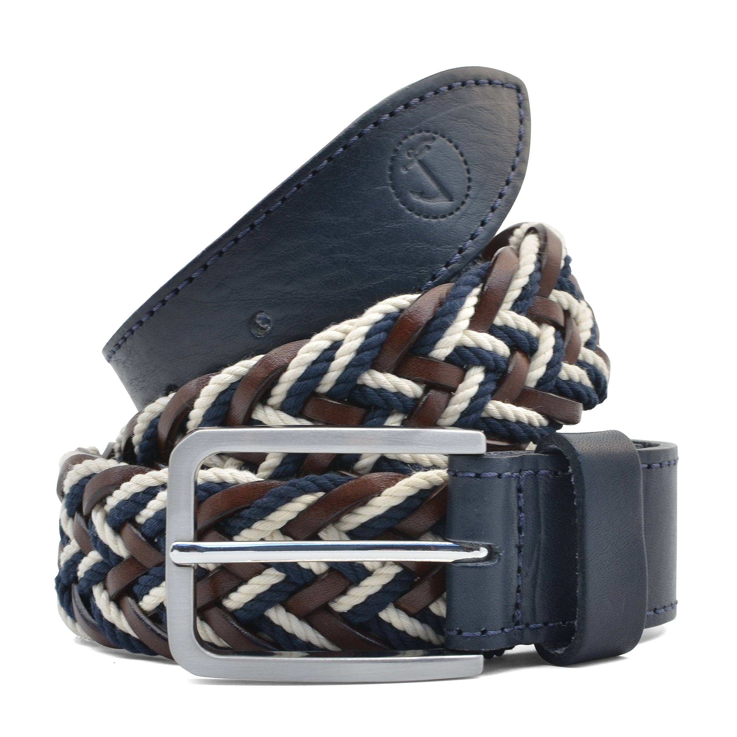 Seajure Bering braided nautical rope and leather belt featuring a silver rounded buckle, handmade in Portugal with high-quality materials.