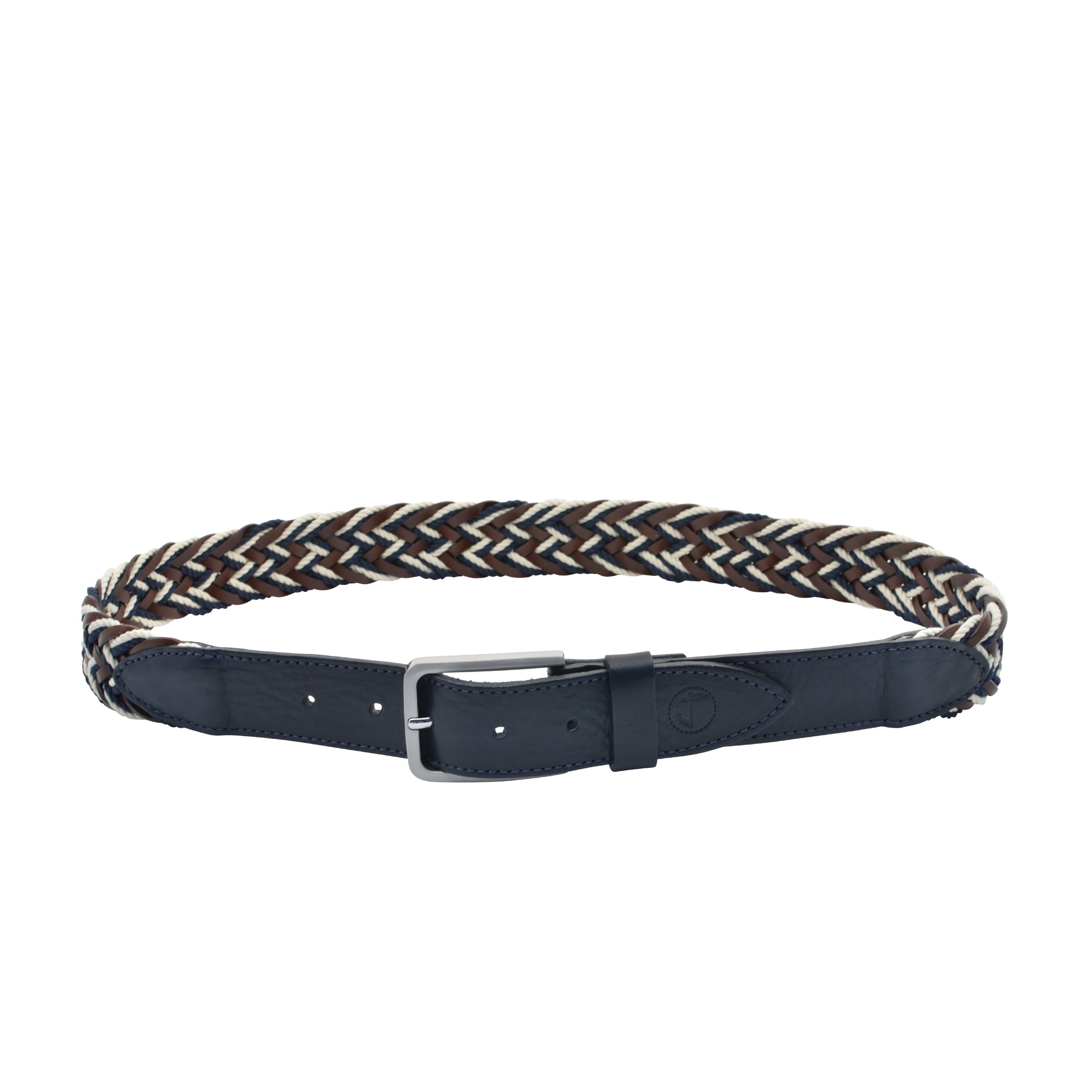 Seajure Bering braided nautical rope and leather belt featuring a silver rounded buckle, handmade in Portugal with high-quality materials.