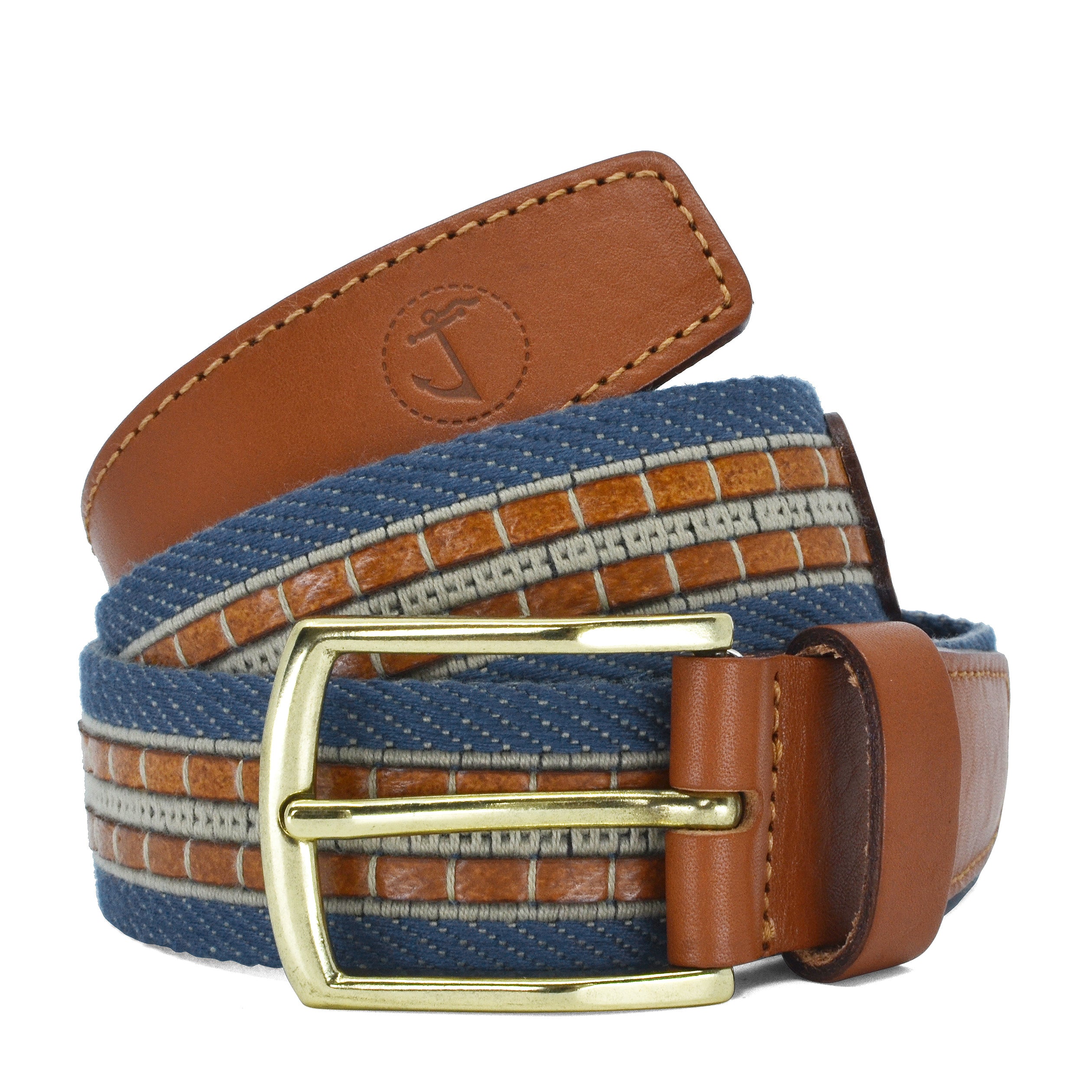 Seajure Scotia canvas and vegetable tanned leather belt featuring a golden rounded buckle, handmade in Portugal.