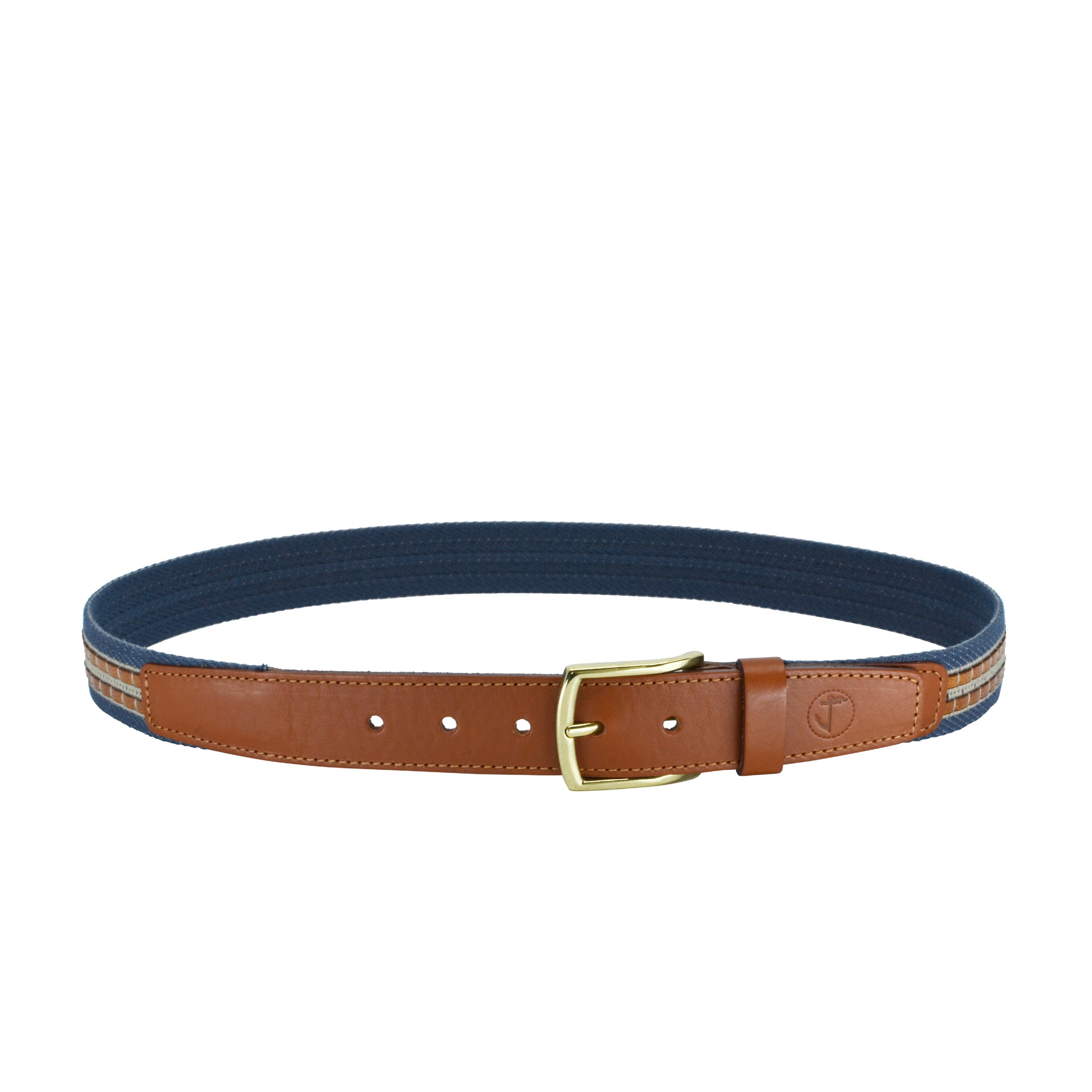 Seajure Scotia canvas and vegetable tanned leather belt featuring a golden rounded buckle, handmade in Portugal.