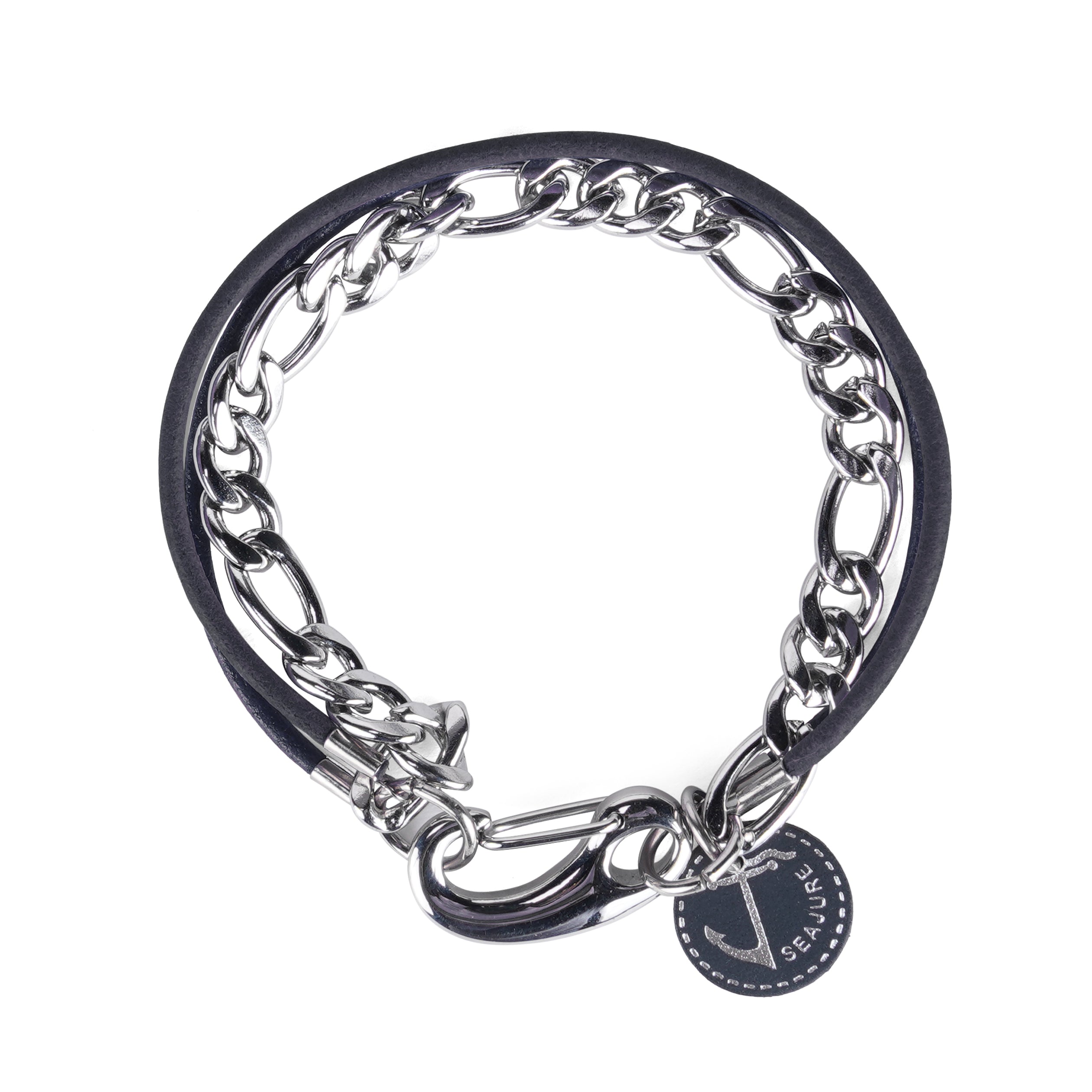 A stylish Chain and Leather Faroe Bracelet featuring genuine vegetable tanned leather and a stainless steel chain, perfect for nautical fashion.