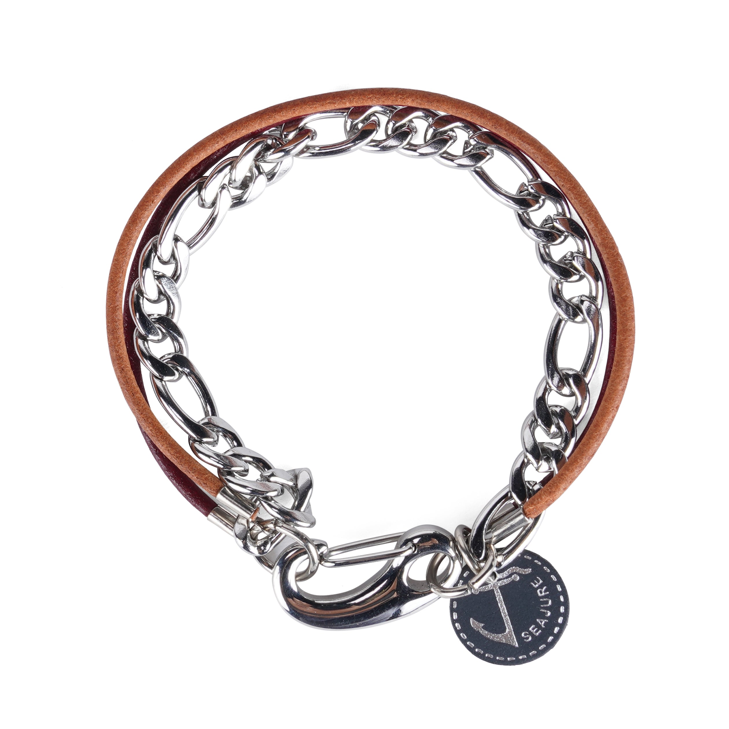 Chain and Leather Guam Bracelet featuring stainless steel chain and vegetable tanned leather, handmade in Portugal.