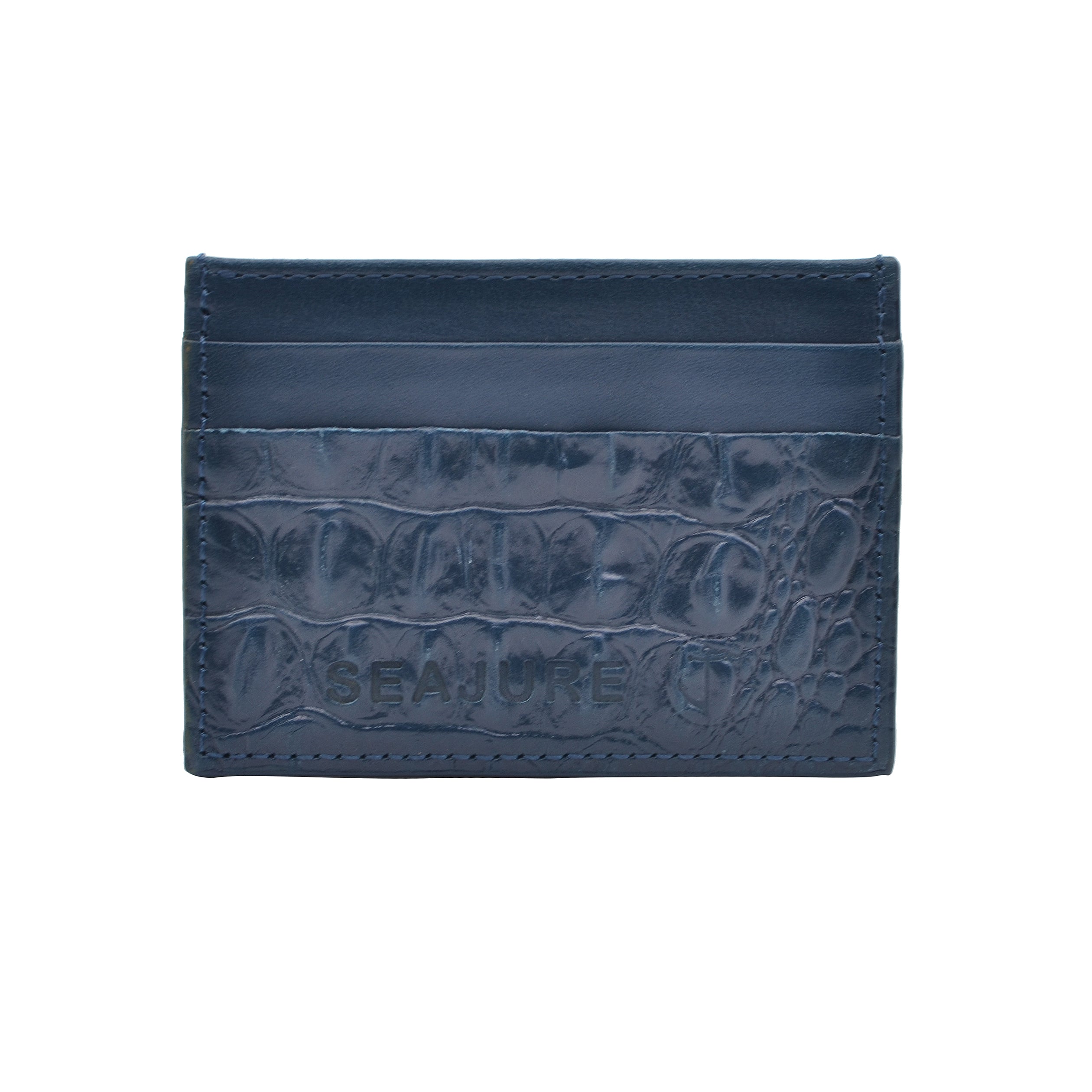 Navy croc embossed leather card holder with tonal stitching and reinforced corners, showcasing premium craftsmanship.