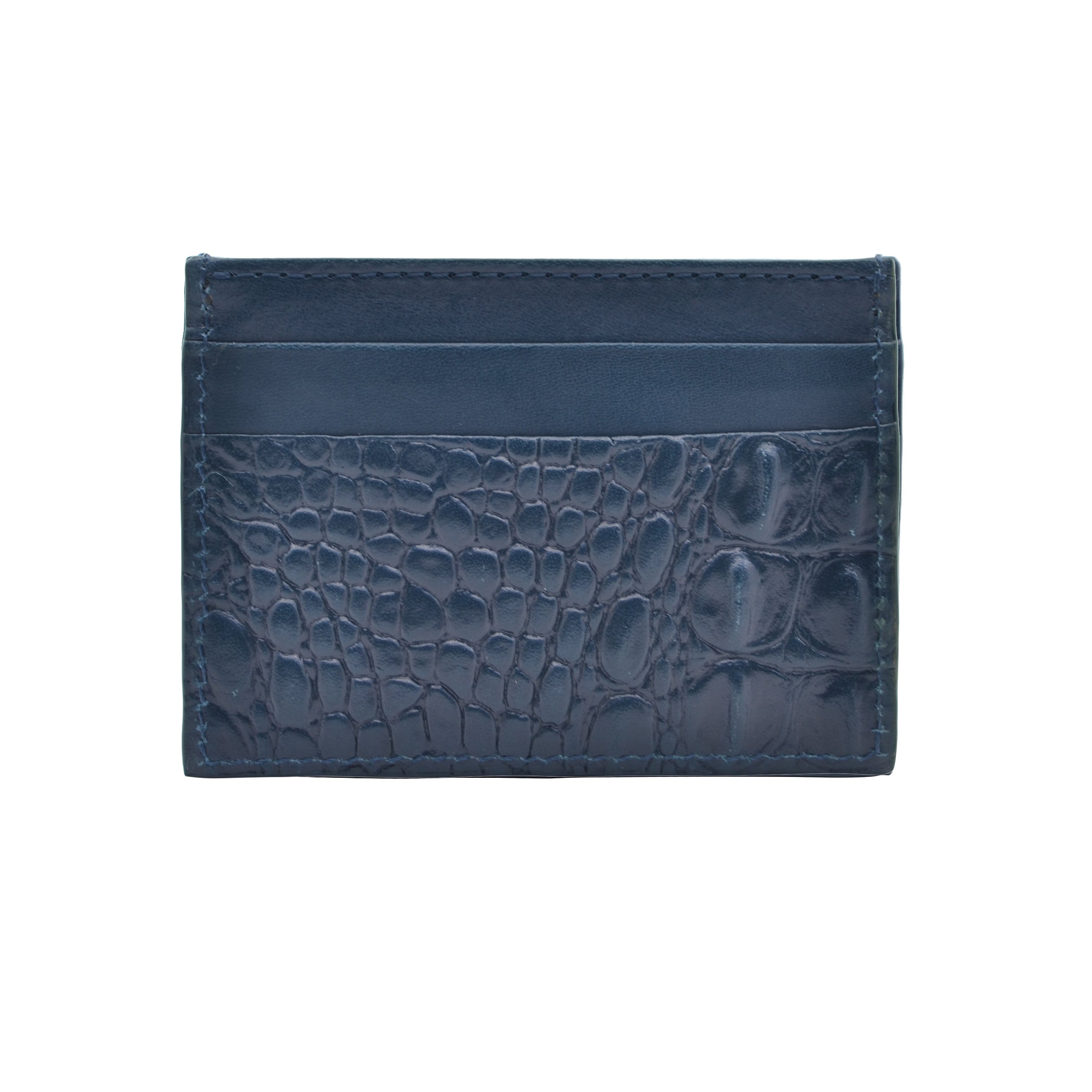 Navy croc embossed leather card holder with tonal stitching and reinforced corners, showcasing premium craftsmanship.