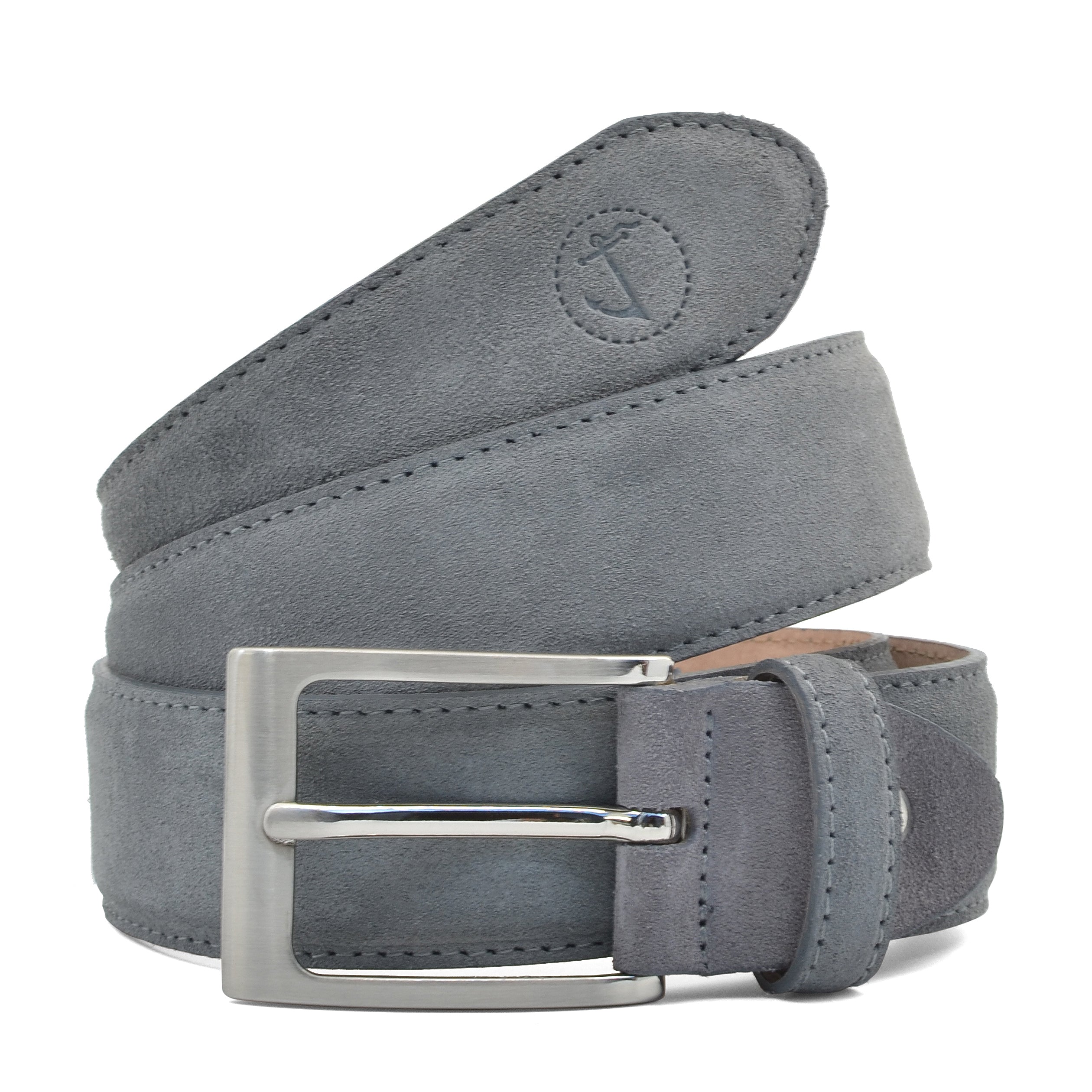 Seajure Laptev Gray Suede Belt featuring a rectangular silver buckle, handmade in Portugal with high-quality suede leather.