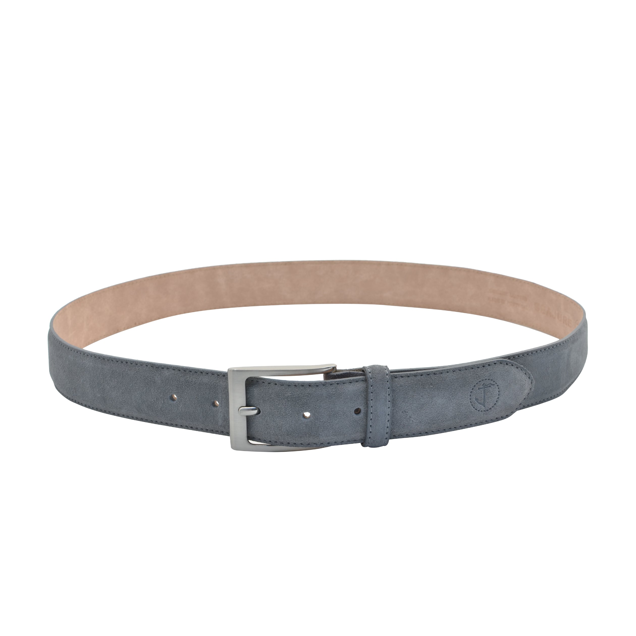 Seajure Laptev Gray Suede Belt featuring a rectangular silver buckle, handmade in Portugal with high-quality suede leather.