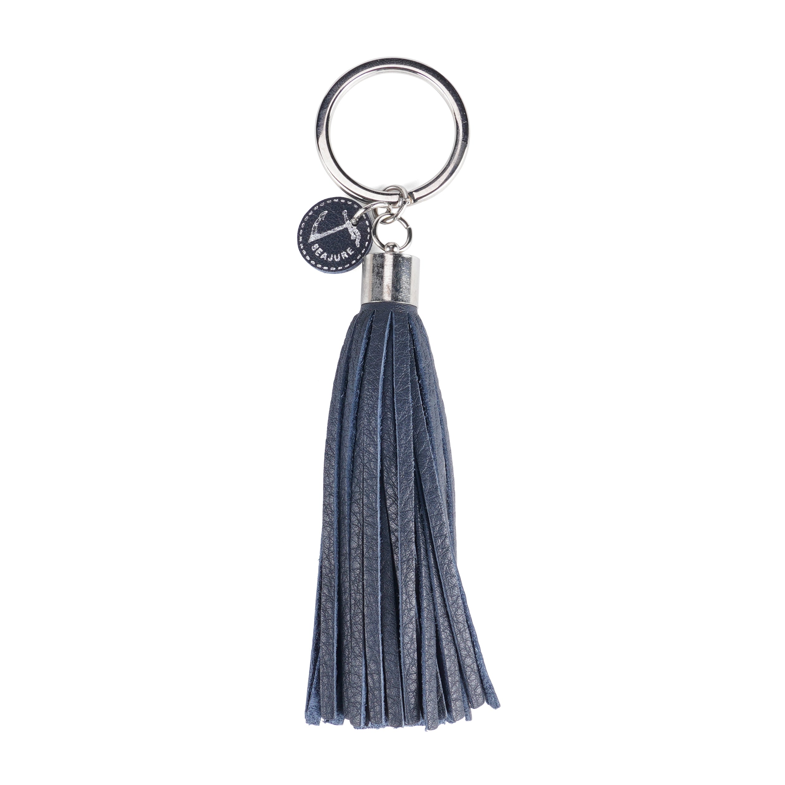 Seajure Leather Tassel Keychain in navy leather with stainless steel hardware, showcasing its elegant design and craftsmanship.