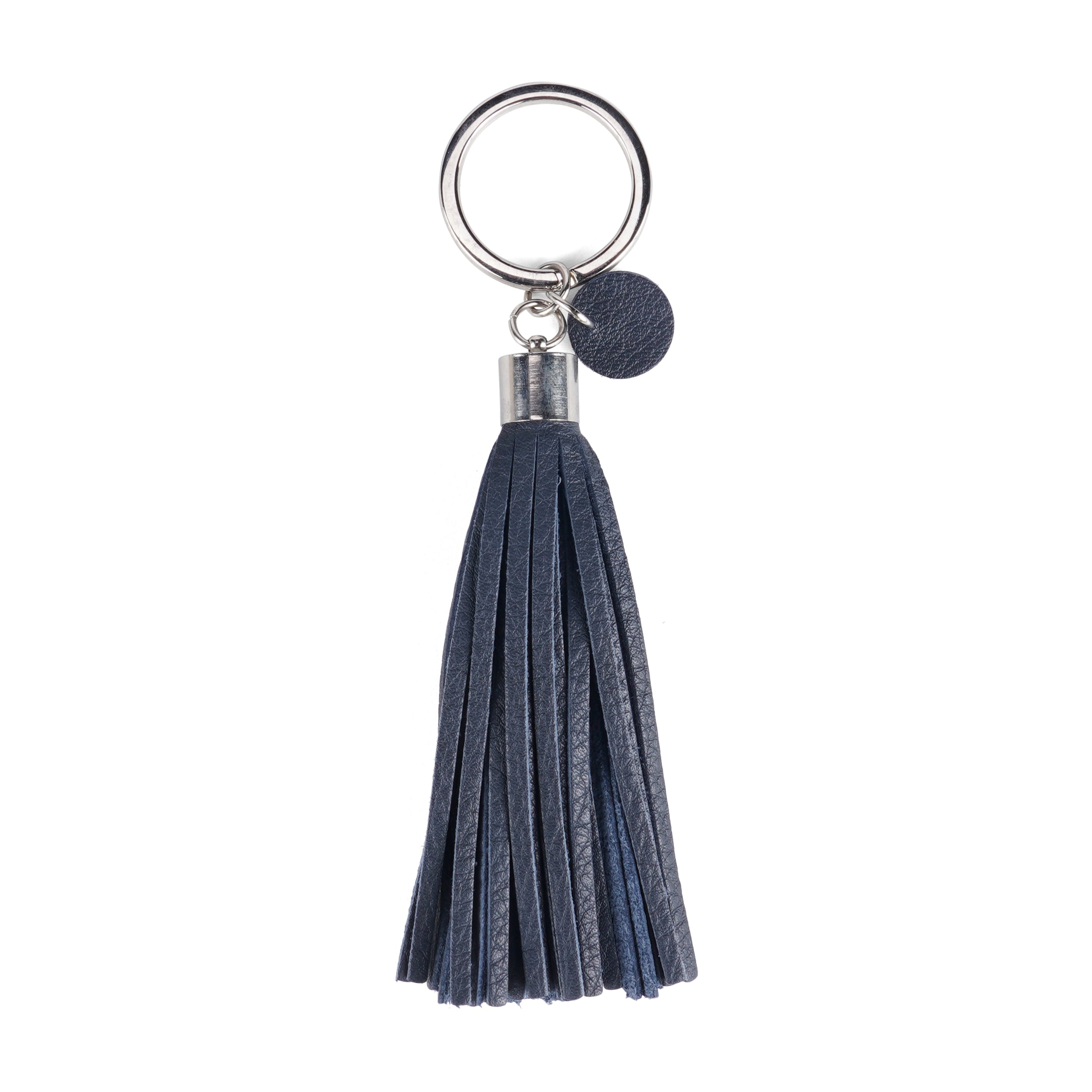 Seajure Leather Tassel Keychain in navy leather with stainless steel hardware, showcasing its elegant design and craftsmanship.