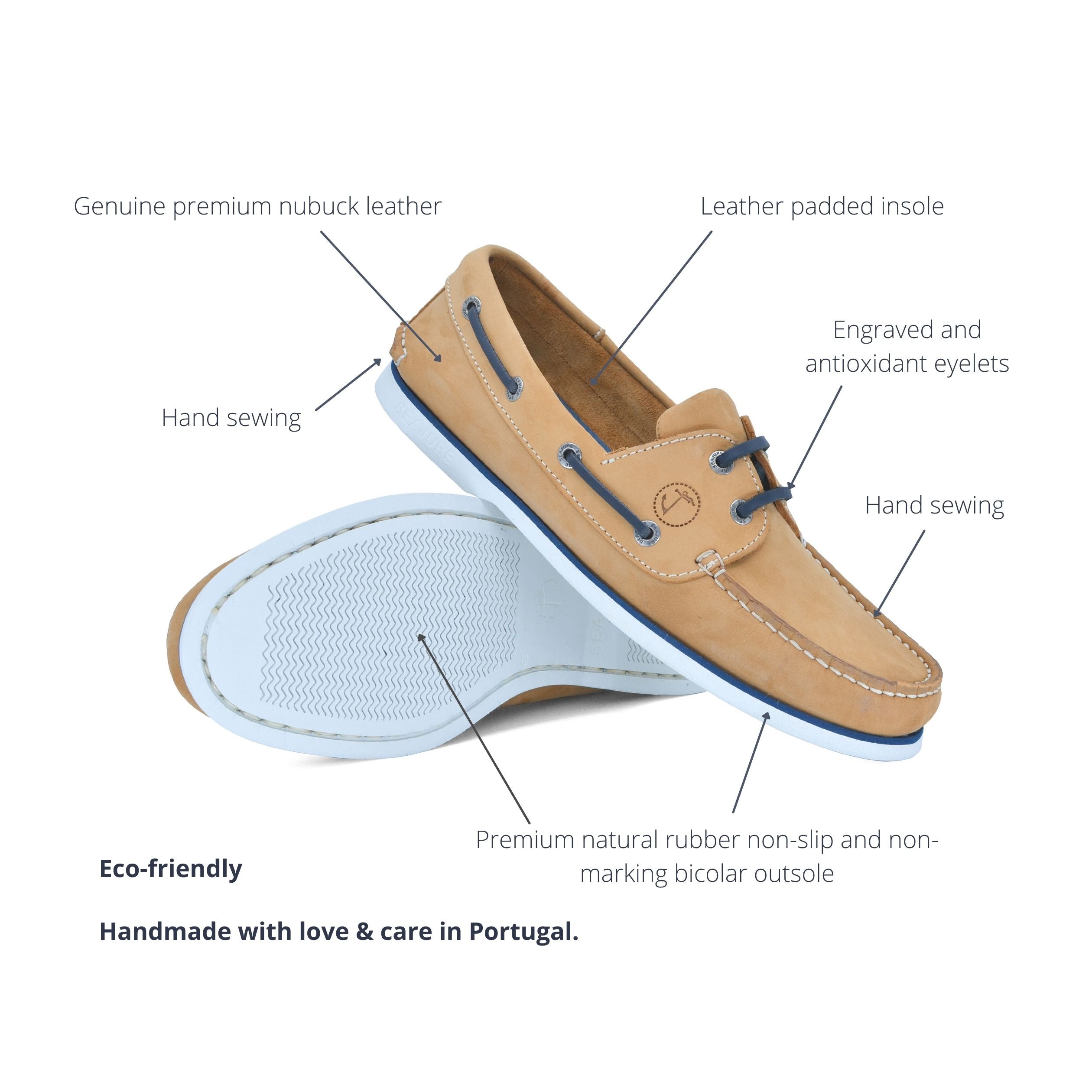 Seajure Cofete men boat shoe made of premium nubuck leather with a natural rubber sole, showcasing its elegant design and craftsmanship.