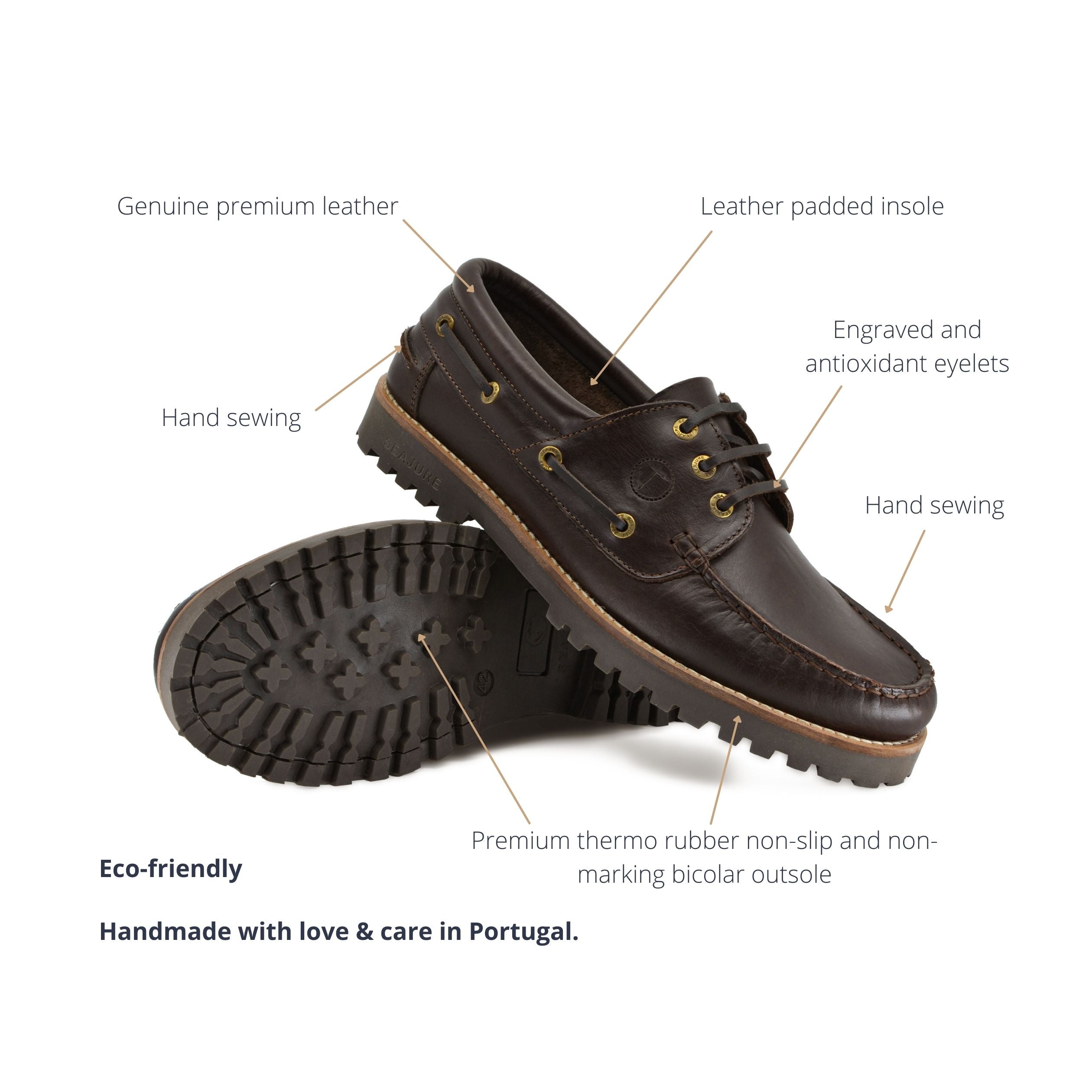 Seajure Reynisfjara men boat shoe in elegant leather, showcasing its classic design and durable rubber sole.