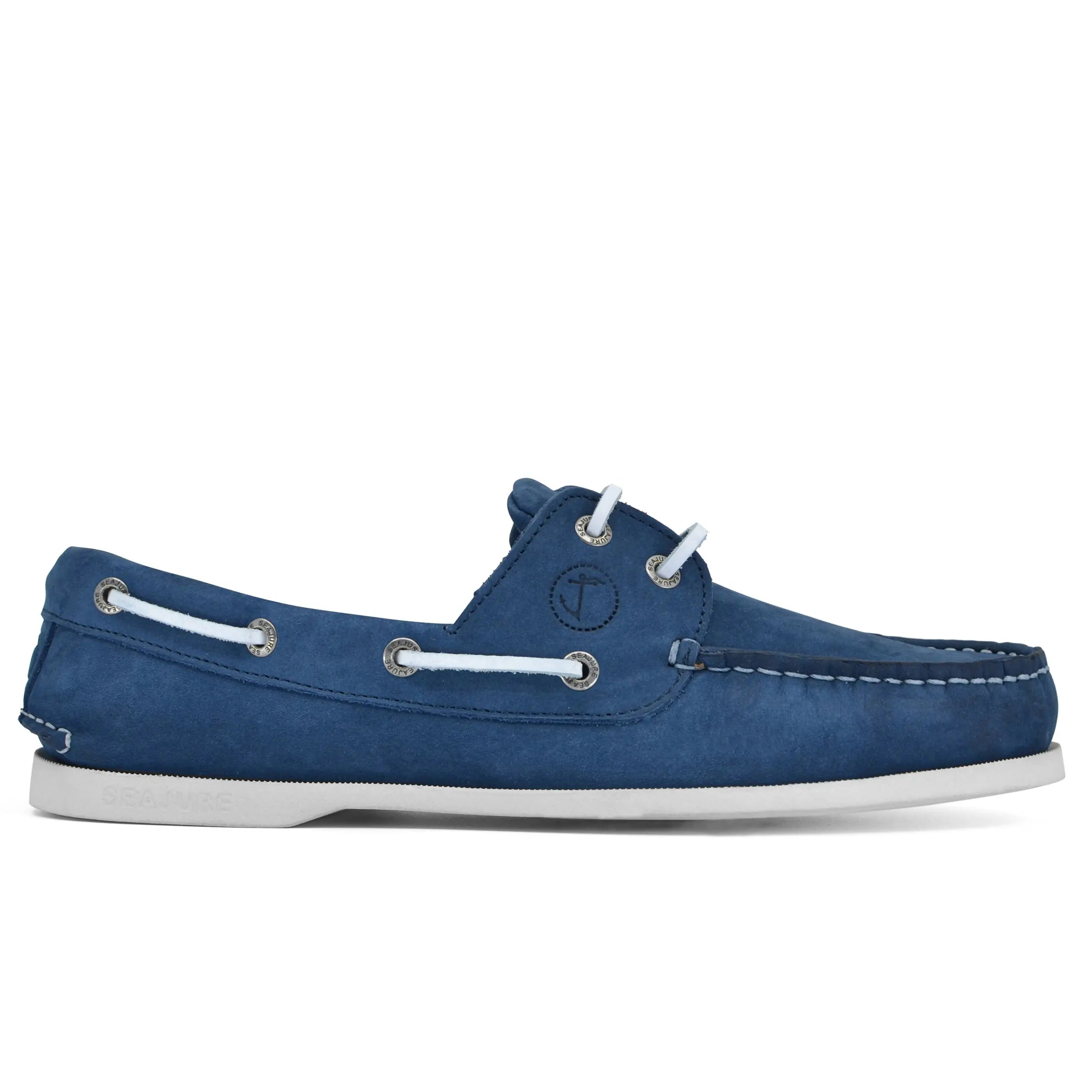 Seajure Cala Trebaluger men boat shoe in nubuck leather, showcasing its elegant design and non-marking rubber sole.