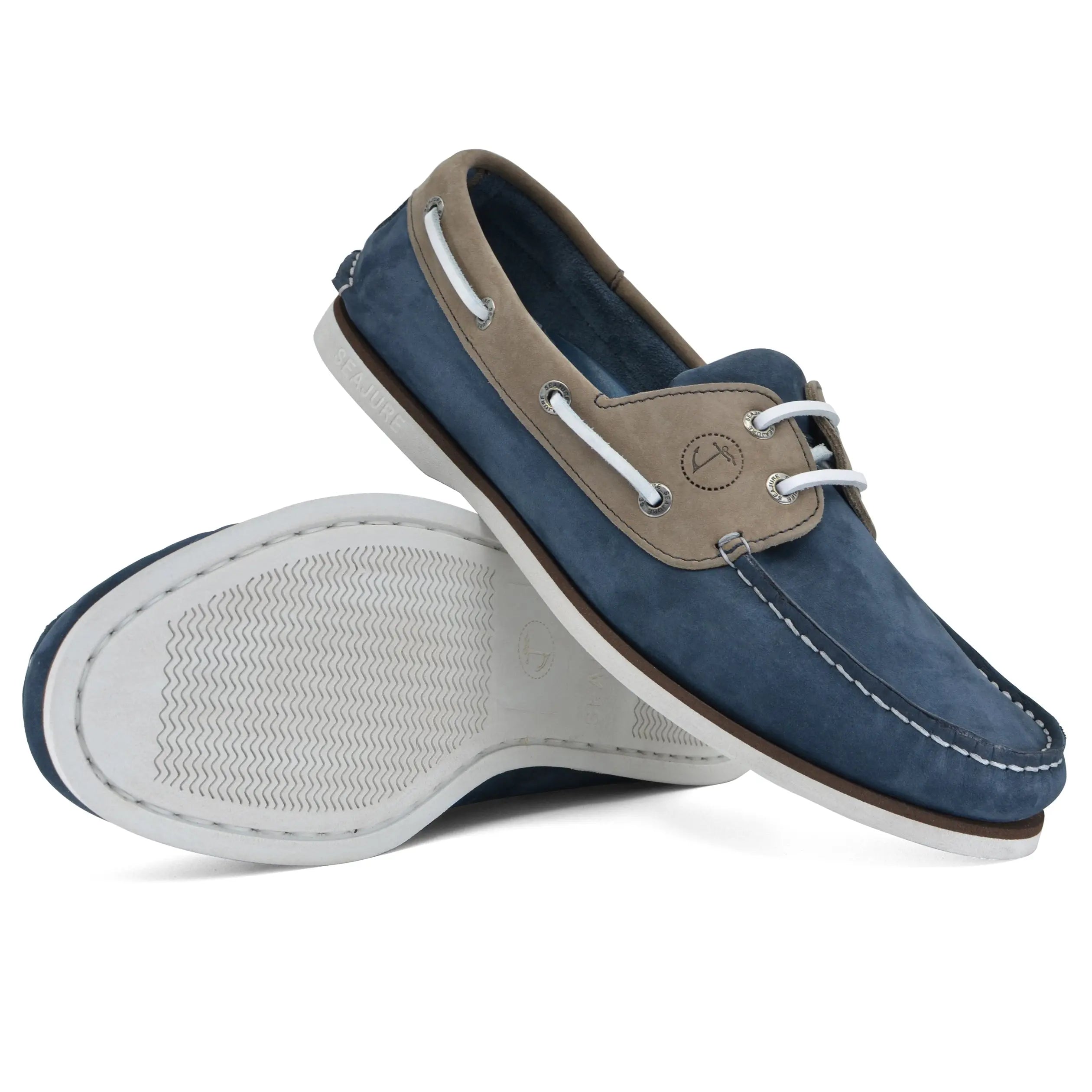 Seajure Costa Vicentina men boat shoe in nubuck leather, showcasing its elegant design and natural rubber sole.