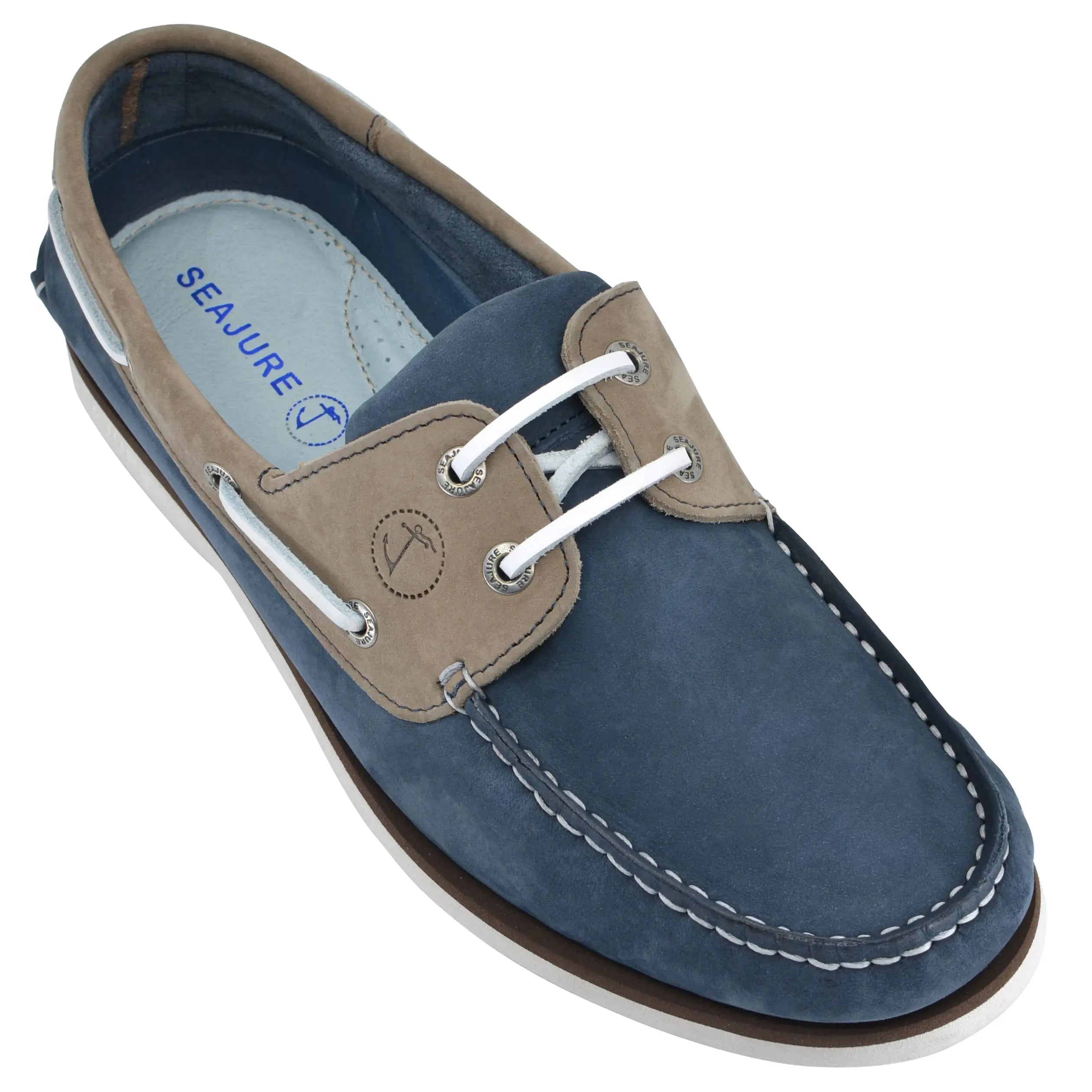 Seajure Costa Vicentina men boat shoe in nubuck leather, showcasing its elegant design and natural rubber sole.