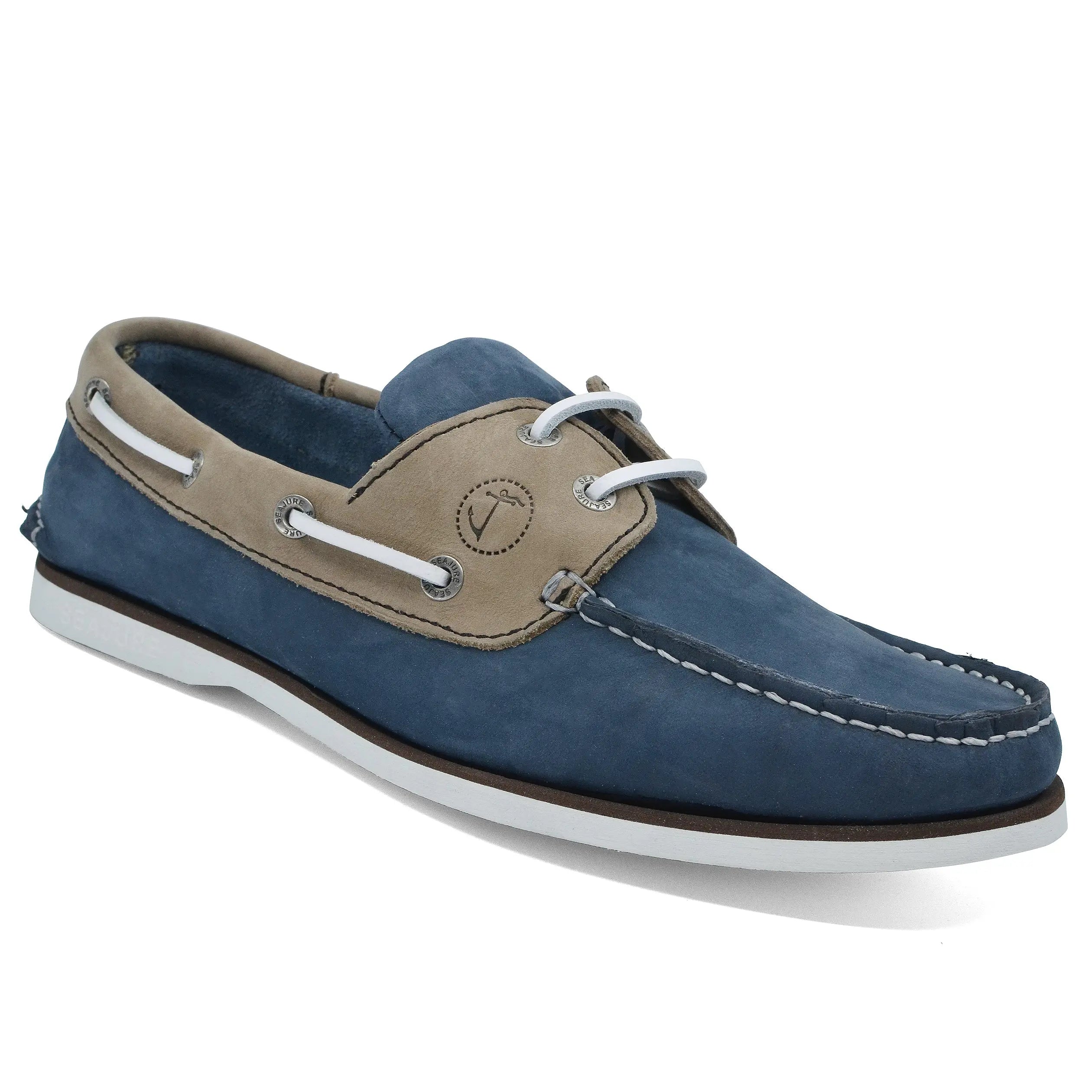 Seajure Costa Vicentina men boat shoe in nubuck leather, showcasing its elegant design and natural rubber sole.