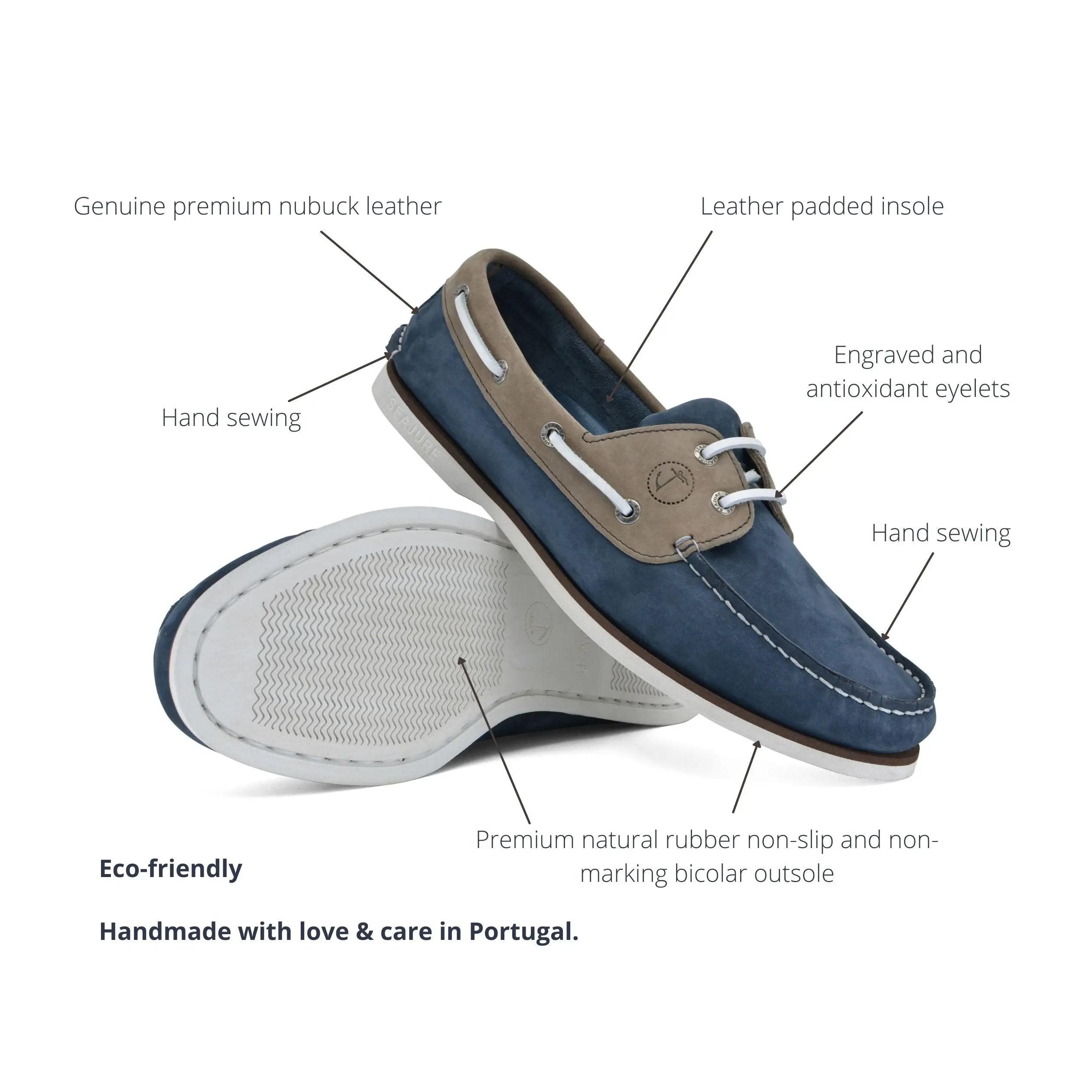 Seajure Costa Vicentina men boat shoe in nubuck leather, showcasing its elegant design and natural rubber sole.