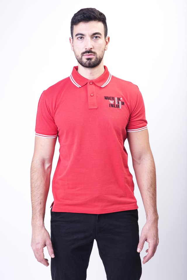 Wakerlook Men's Classic Fit Tipped Polo in red with embroidered logo, featuring a two-button placket and tipped collar and cuffs.